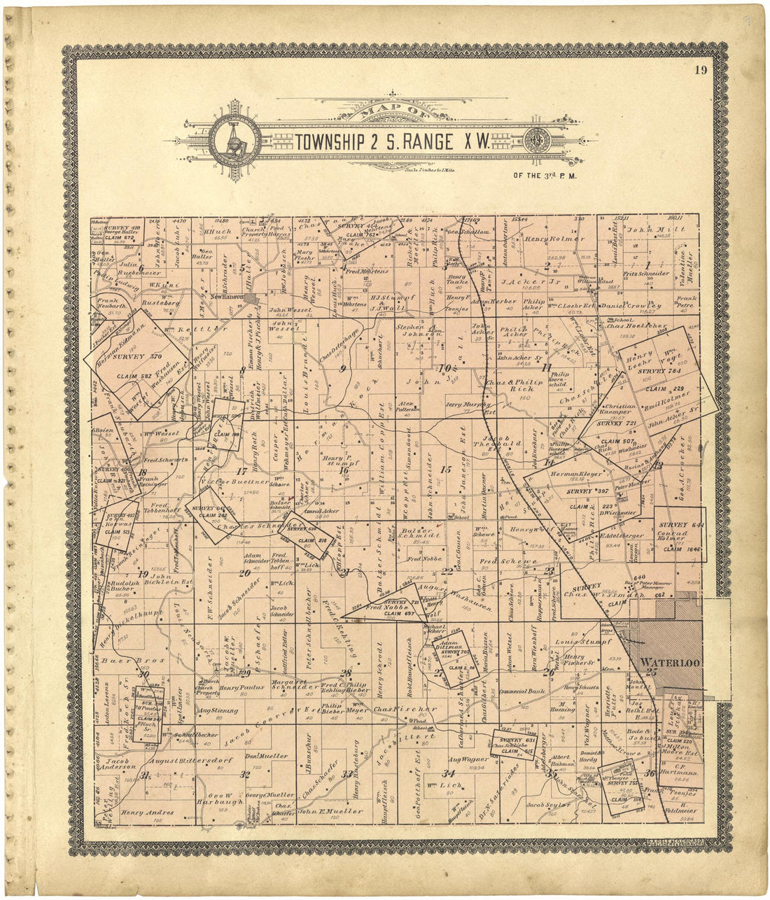 This old map of Map of Township 2 S. Range X W. from Standard Atlas of Monroe County, Illinois from 1901 was created by  Geo. A. Ogle &amp; Co in 1901
