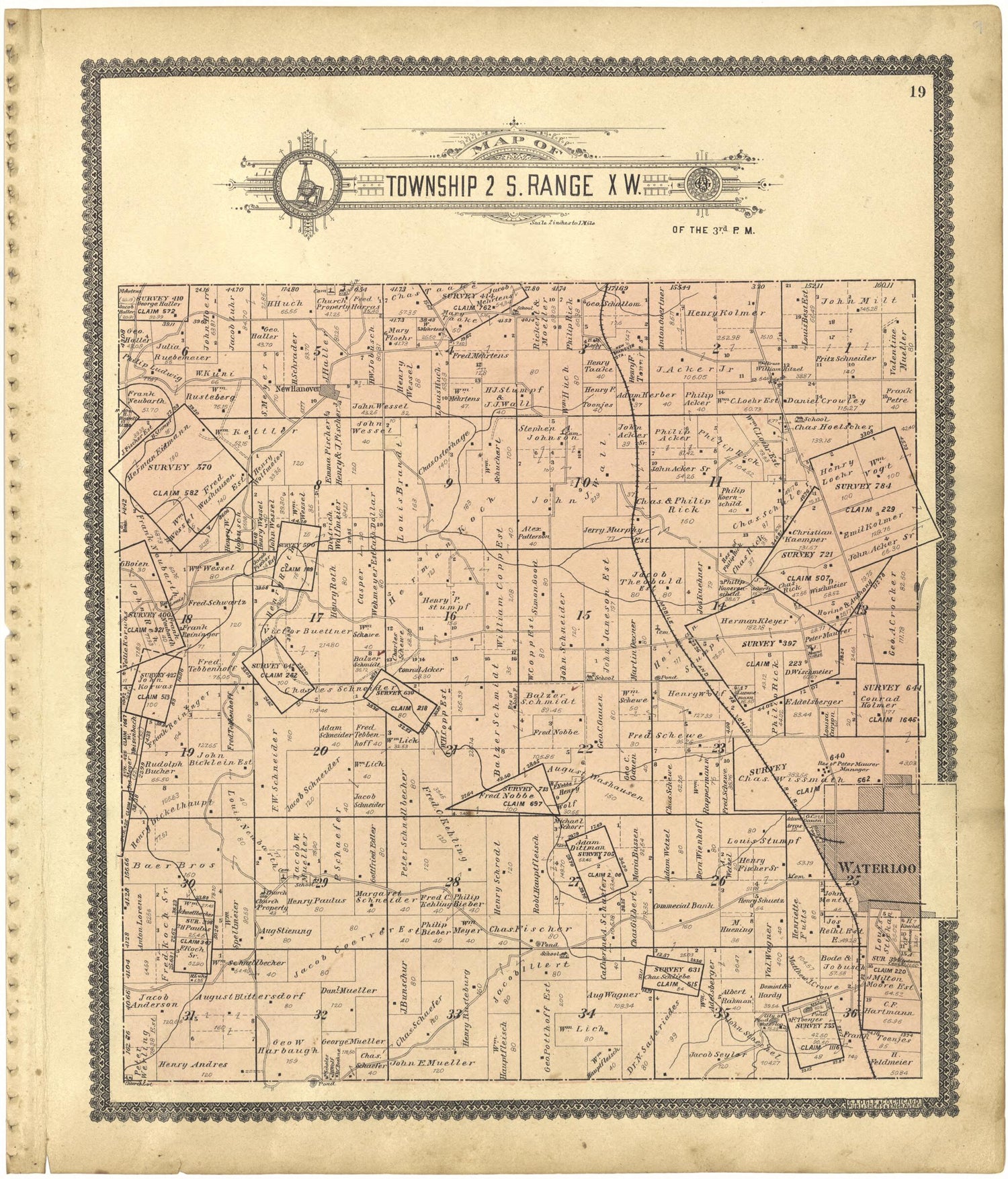 This old map of Map of Township 2 S. Range X W. from Standard Atlas of Monroe County, Illinois from 1901 was created by  Geo. A. Ogle &amp; Co in 1901