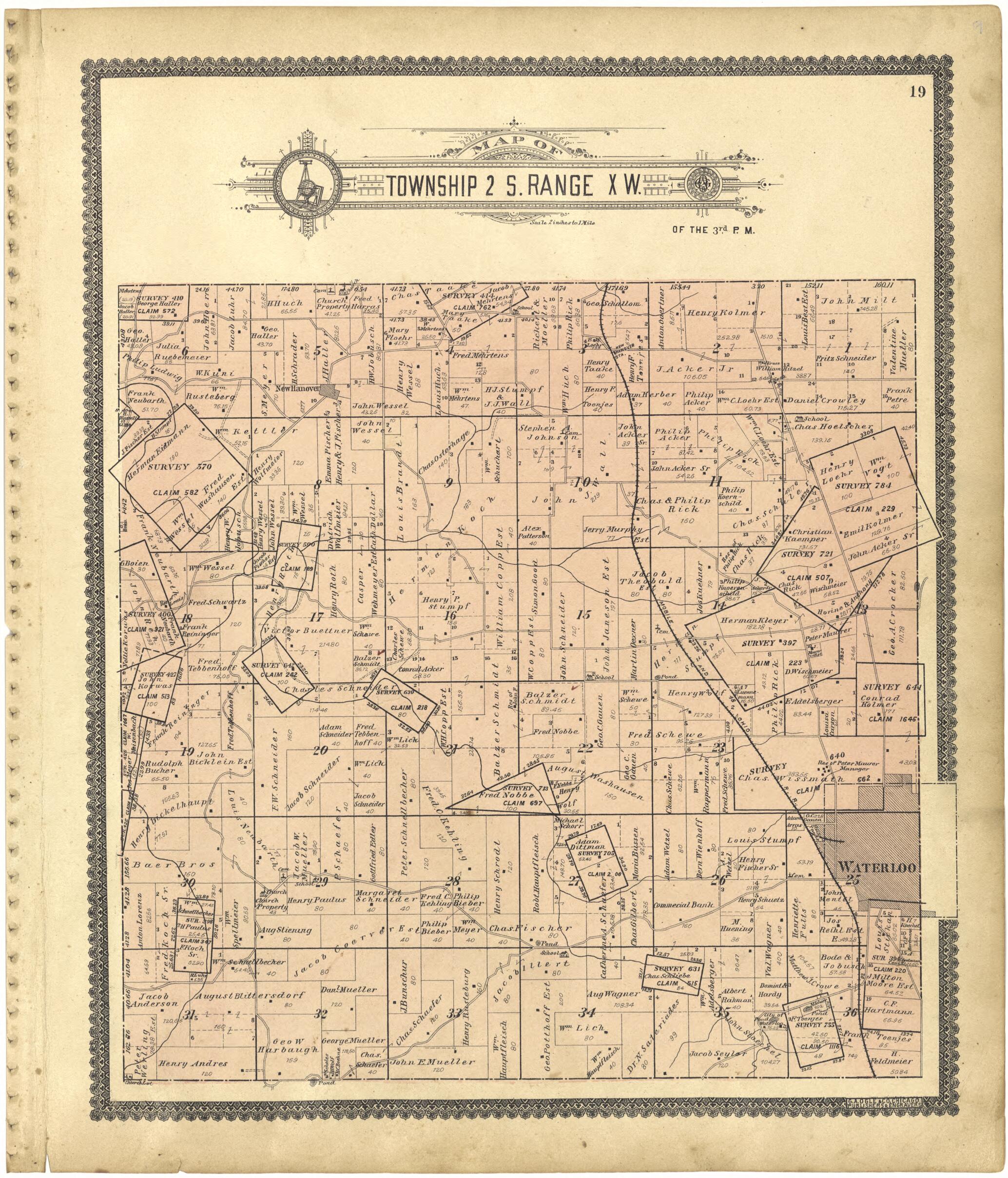 This old map of Map of Township 2 S. Range X W. from Standard Atlas of Monroe County, Illinois from 1901 was created by  Geo. A. Ogle &amp; Co in 1901