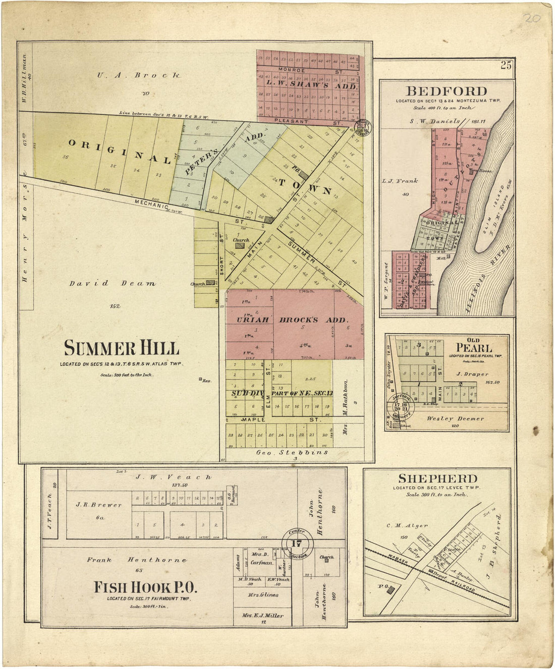 This old map of Summer Hill; Bedford; Old Pearl; Fish Hook P.O.; Shepherd from Standard Atlas of Pike County, Illinois from 1895 was created by  Geo. A. Ogle &amp; Co in 1895