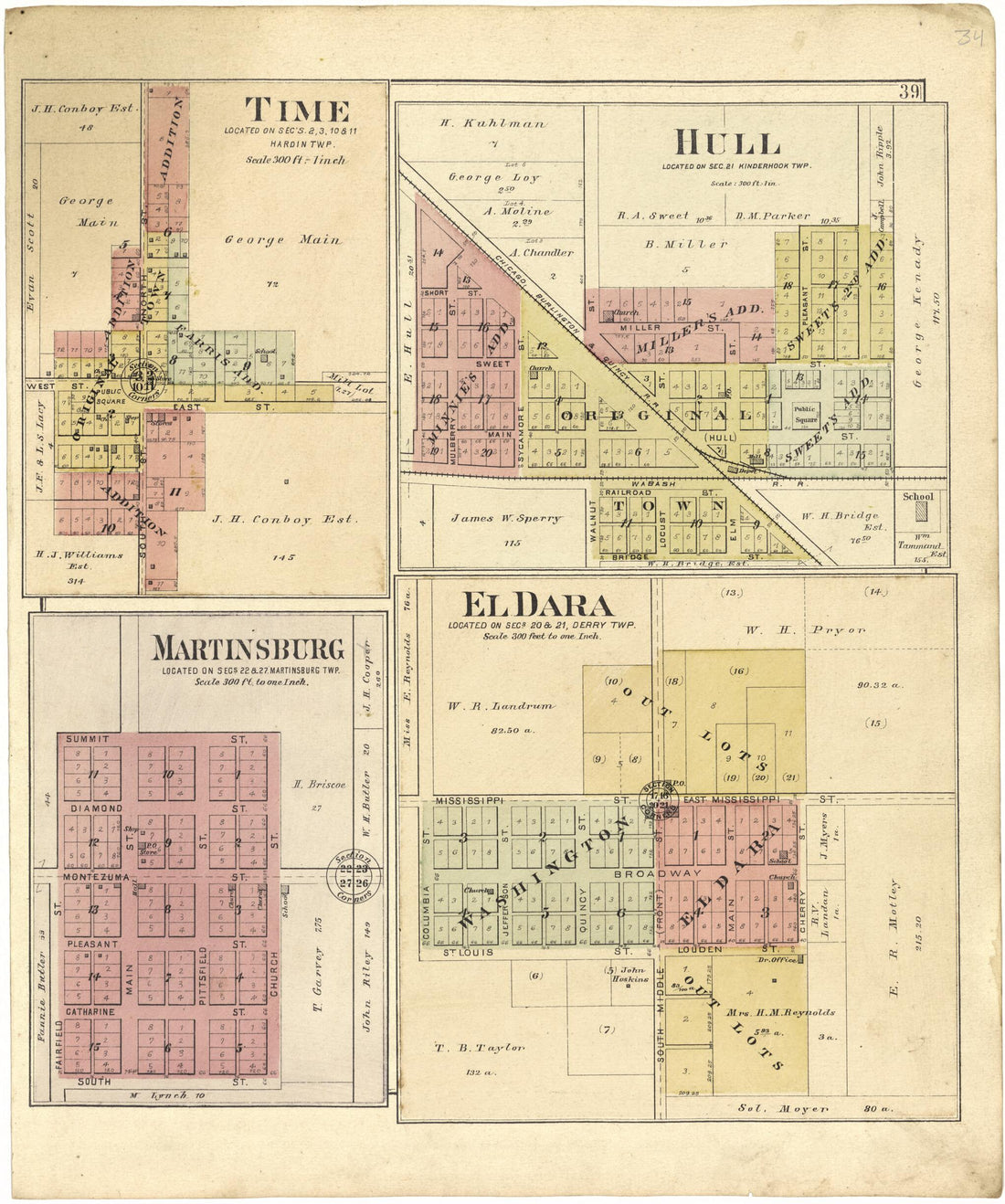 This old map of Time; Hull; Martinsburg; El Dara from Standard Atlas of Pike County, Illinois from 1895 was created by  Geo. A. Ogle &amp; Co in 1895