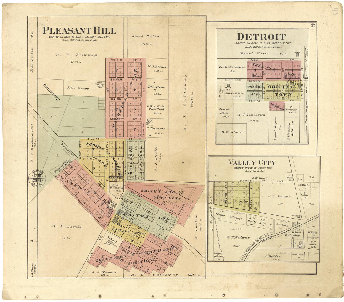 This old map of Pleasantville; Detroit; Valley City from Standard Atlas of Pike County, Illinois from 1895 was created by  Geo. A. Ogle &amp; Co in 1895