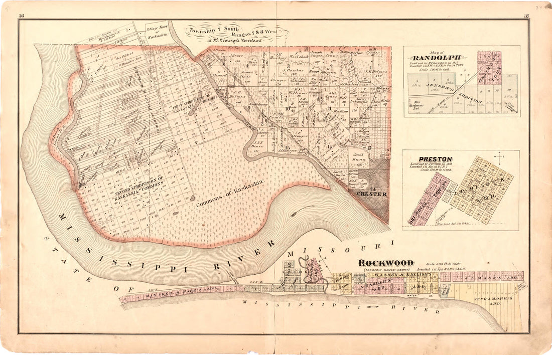 This old map of Township 7 South Ranges 7 &amp; 8 West of 3rd Principal Meridian from Illustrated Historical Atlas of Randolph Co., Illinois from 1875 was created by  W.R. Brink &amp; Co in 1875