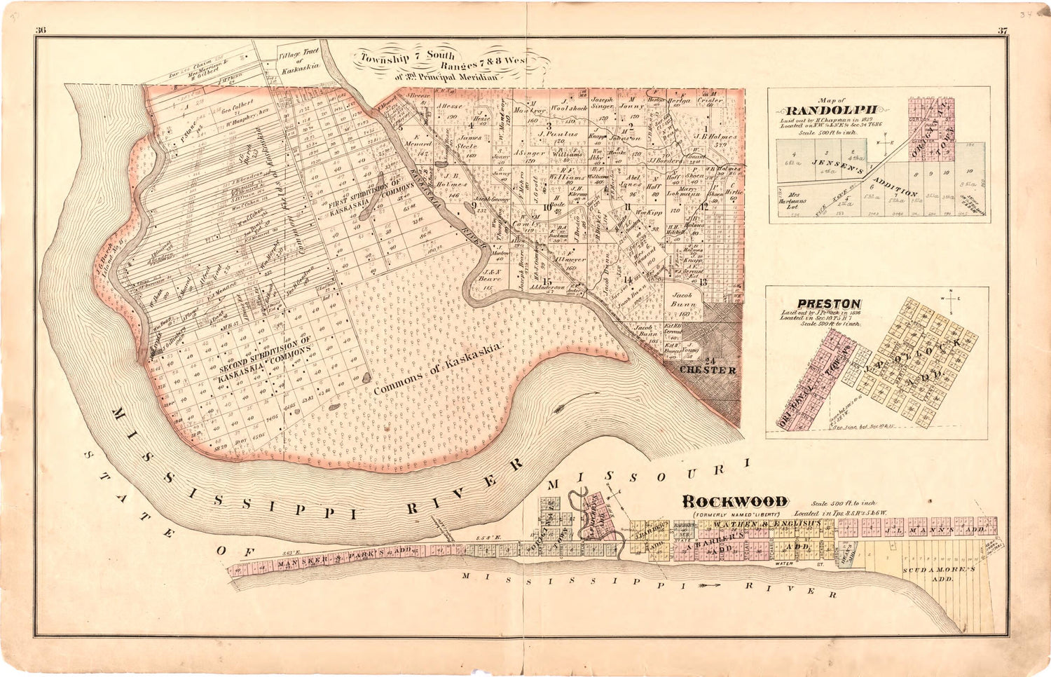 This old map of Township 7 South Ranges 7 &amp; 8 West of 3rd Principal Meridian from Illustrated Historical Atlas of Randolph Co., Illinois from 1875 was created by  W.R. Brink &amp; Co in 1875