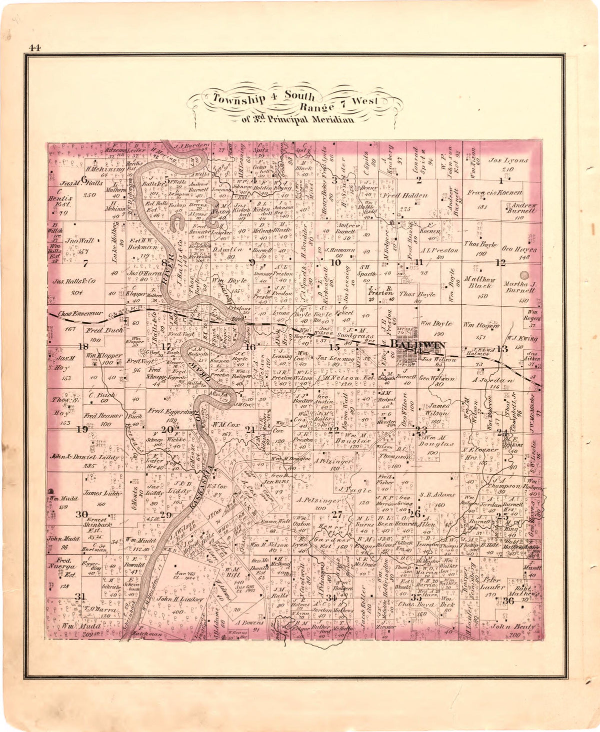 Township 4 South Range 7 West of 3rd Principal Meridian from Illustrated Historical Atlas of Randolph Co., Illinois 1875 by Relic Map Company