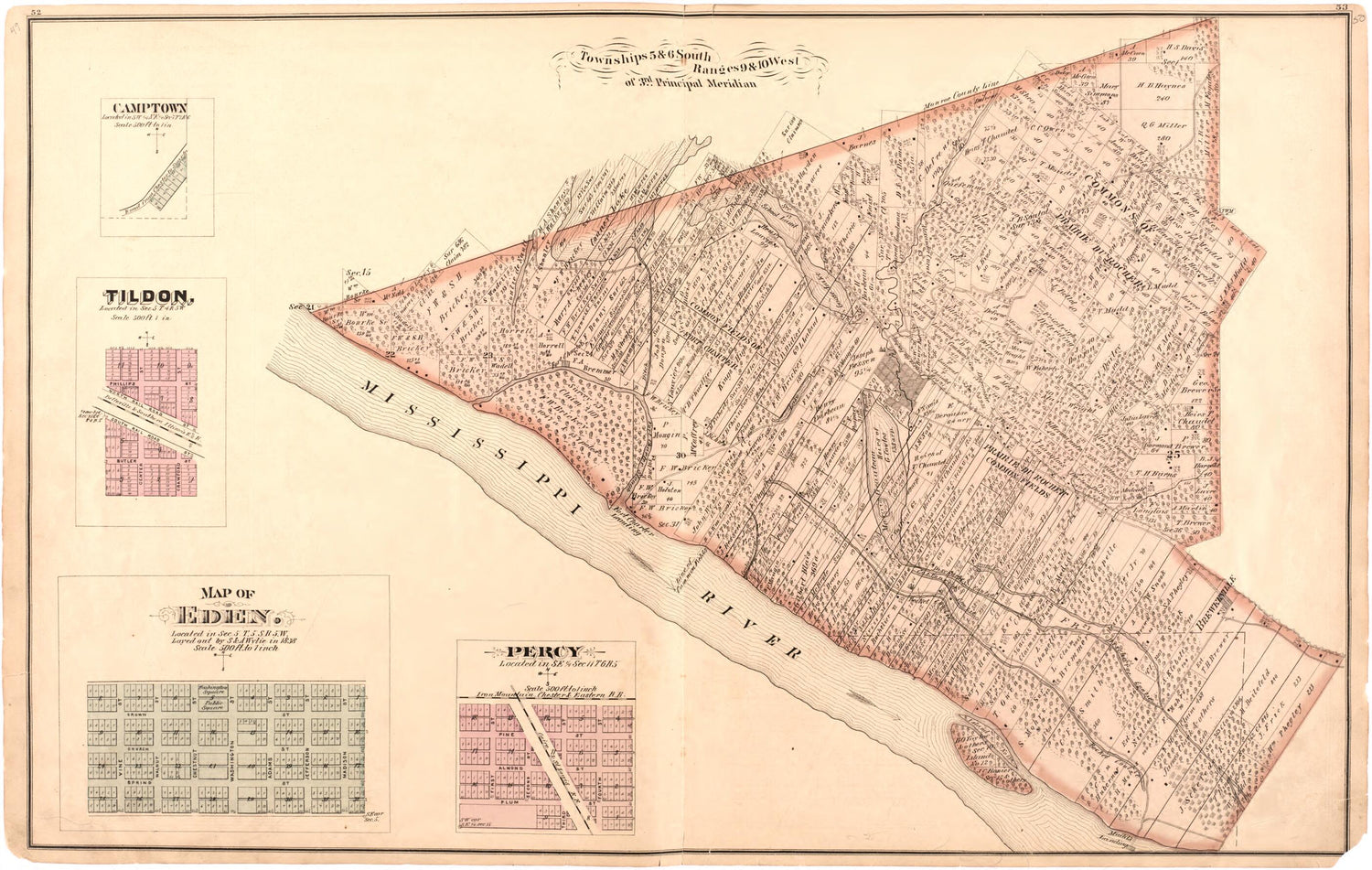 This old map of Township 5 &amp; 6 South Range 9 &amp; 10 West of 3rd Principal Meridian from Illustrated Historical Atlas of Randolph Co., Illinois from 1875 was created by  W.R. Brink &amp; Co in 1875