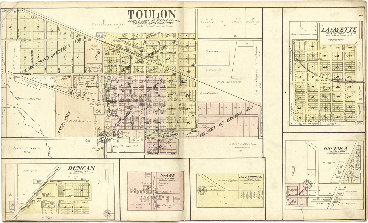 This old map of Toulon; Duncan; Stark; Puckerbrush; Lafayette; Osceola from Standard Atlas of Stark County, Illinois from 1907 was created by  Geo. A. Ogle &amp; Co in 1907