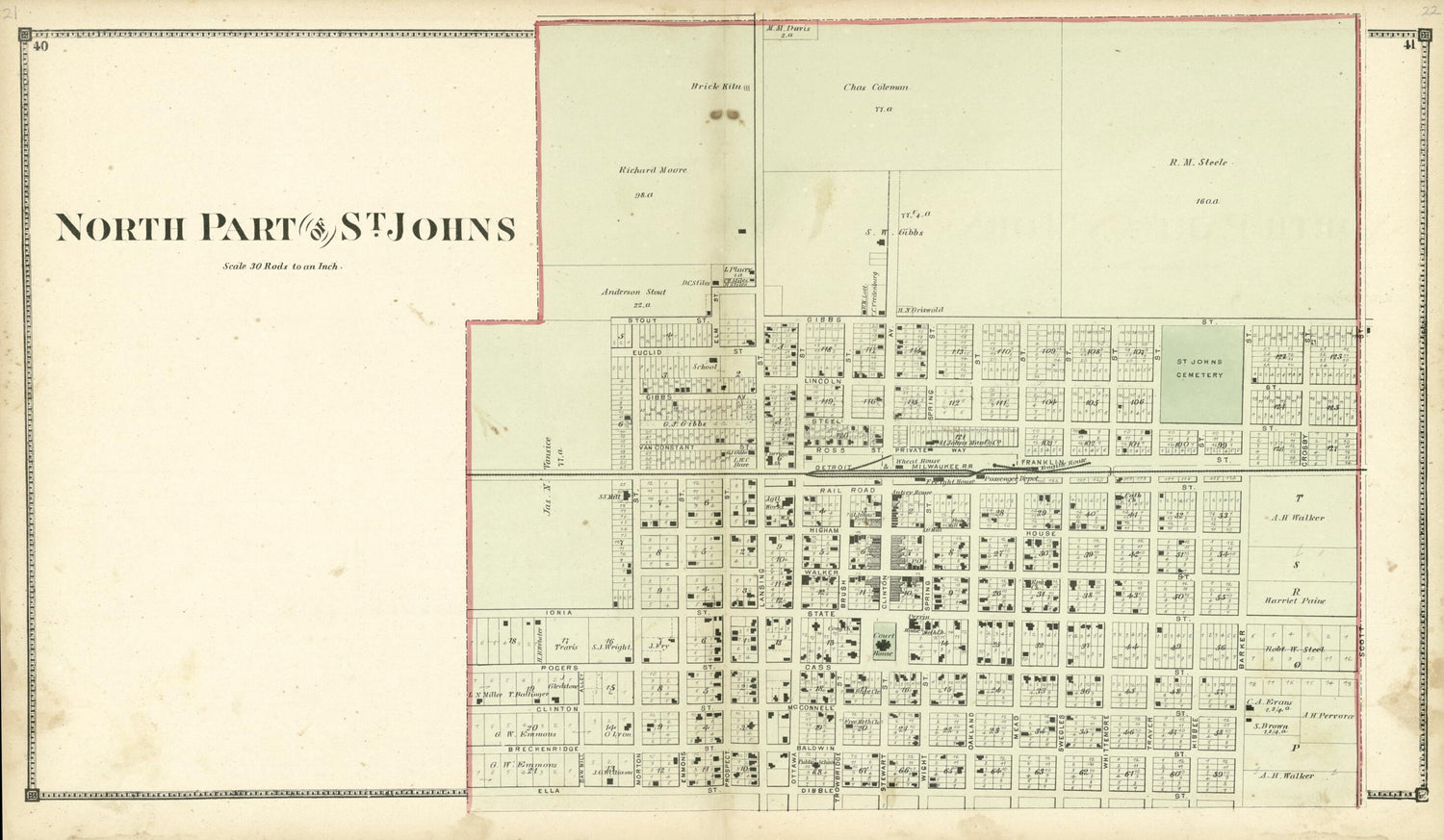 This old map of North Part of St. Johns from Atlas of Clinton County, Michigan from 1873 was created by  Worley &amp; Bracher in 1873