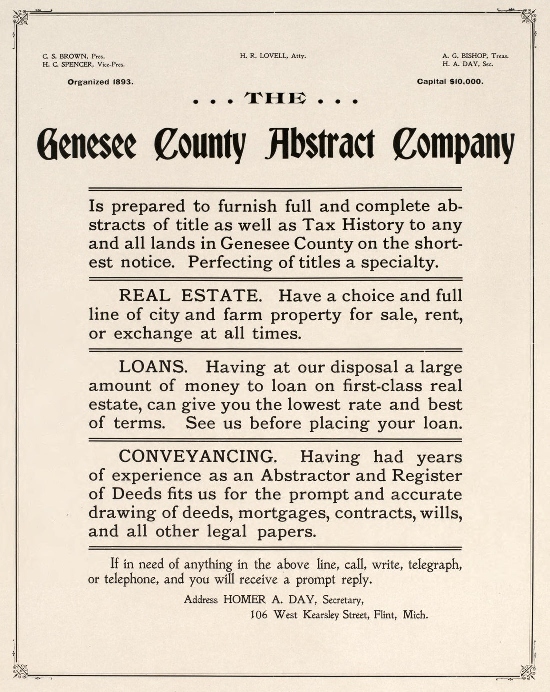 This old map of Genesee County Abstract Company from Atlas of Genesee County, Michigan from 1899 was created by Homer A. Day in 1899