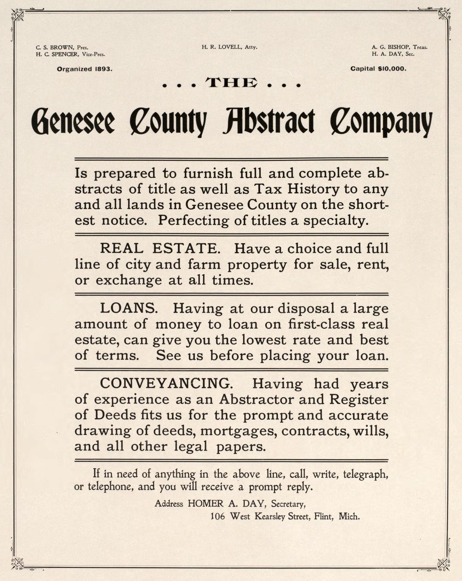 This old map of Genesee County Abstract Company from Atlas of Genesee County, Michigan from 1899 was created by Homer A. Day in 1899