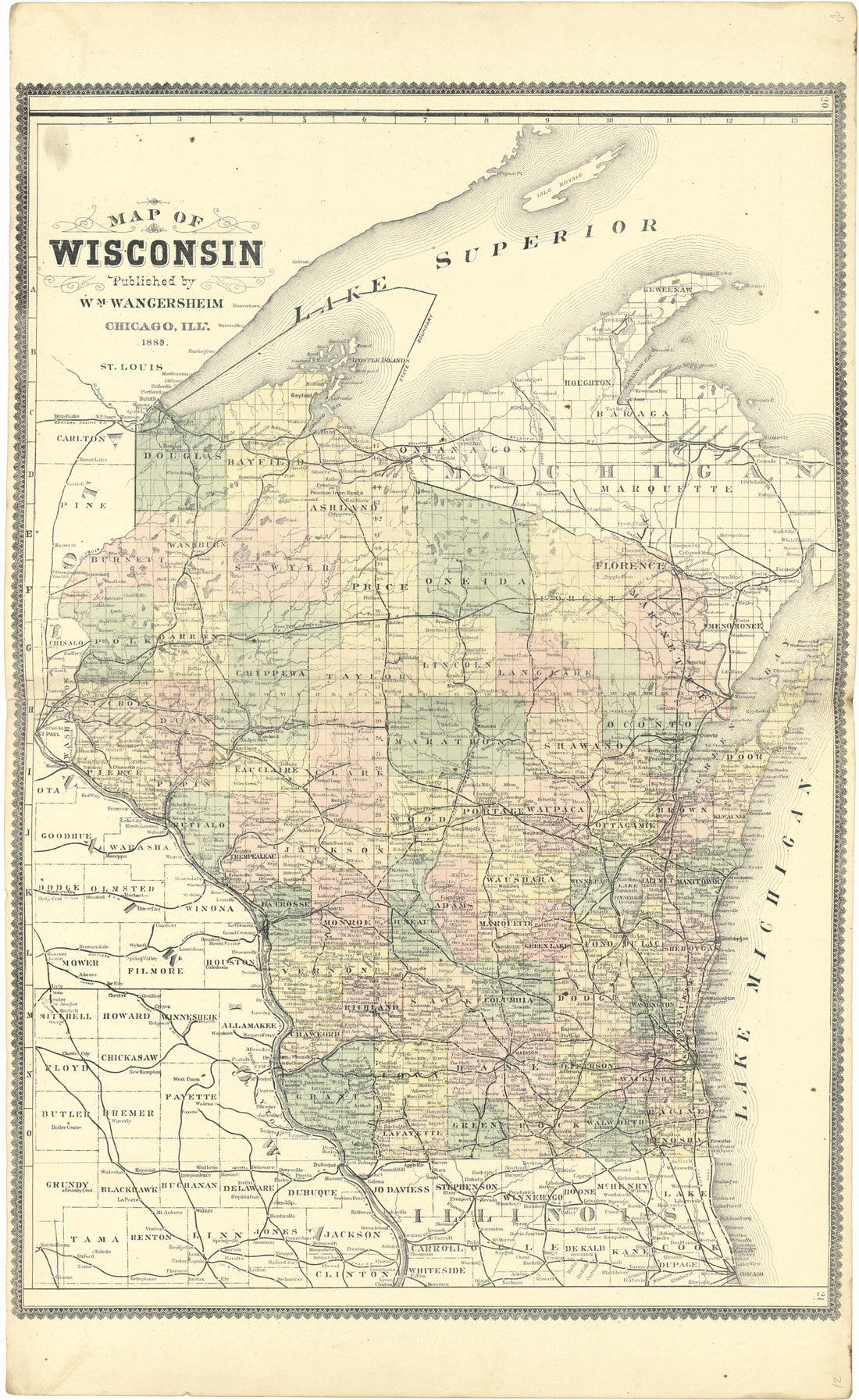 This old map of Map of Wisconsin from Atlas of Genesee County, Michigan from 1889 was created by W. (William) Wangersheim in 1889