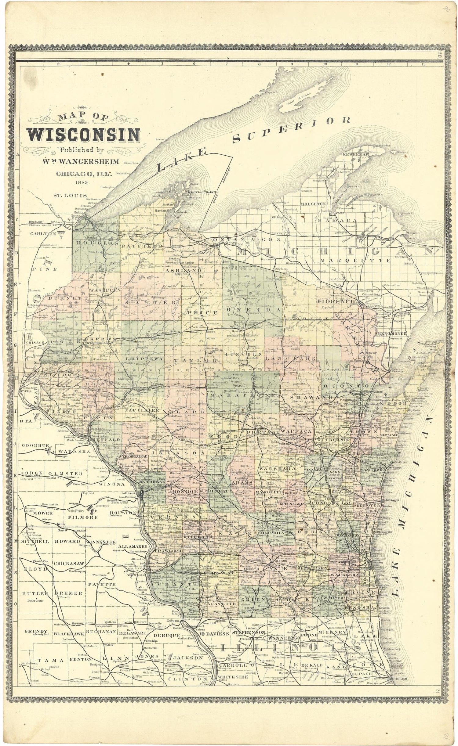 This old map of Map of Wisconsin from Atlas of Genesee County, Michigan from 1889 was created by W. (William) Wangersheim in 1889