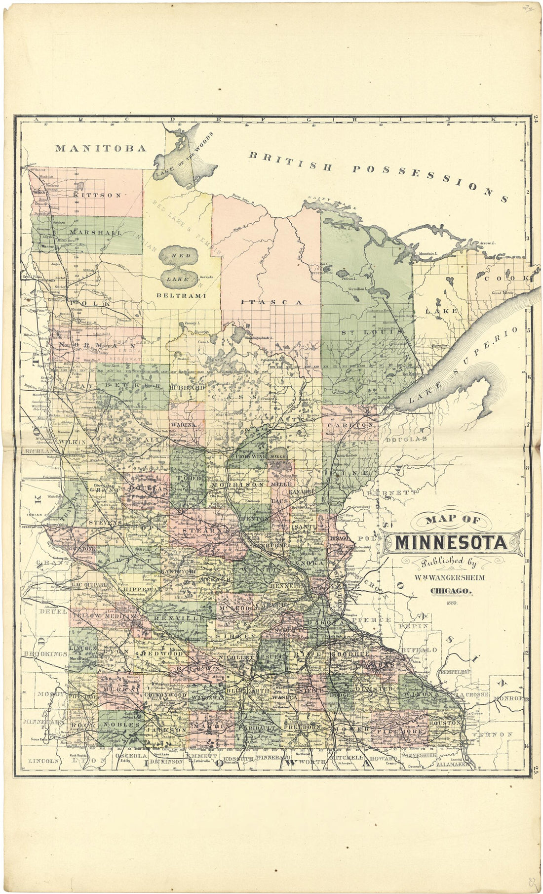 This old map of Map of Minnesota from Atlas of Genesee County, Michigan from 1889 was created by W. (William) Wangersheim in 1889