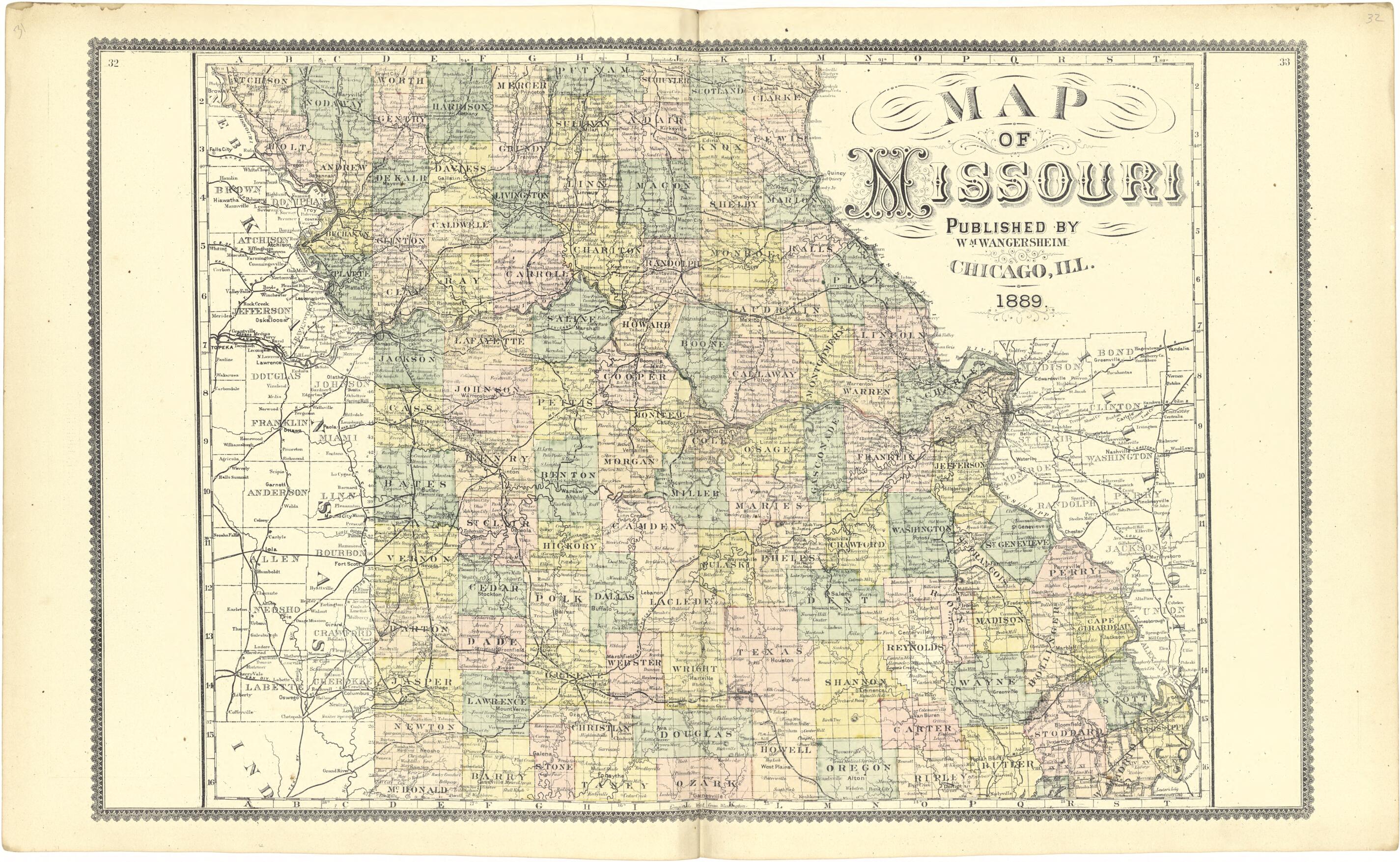 This old map of Map of Missouri from Atlas of Genesee County, Michigan from 1889 was created by W. (William) Wangersheim in 1889