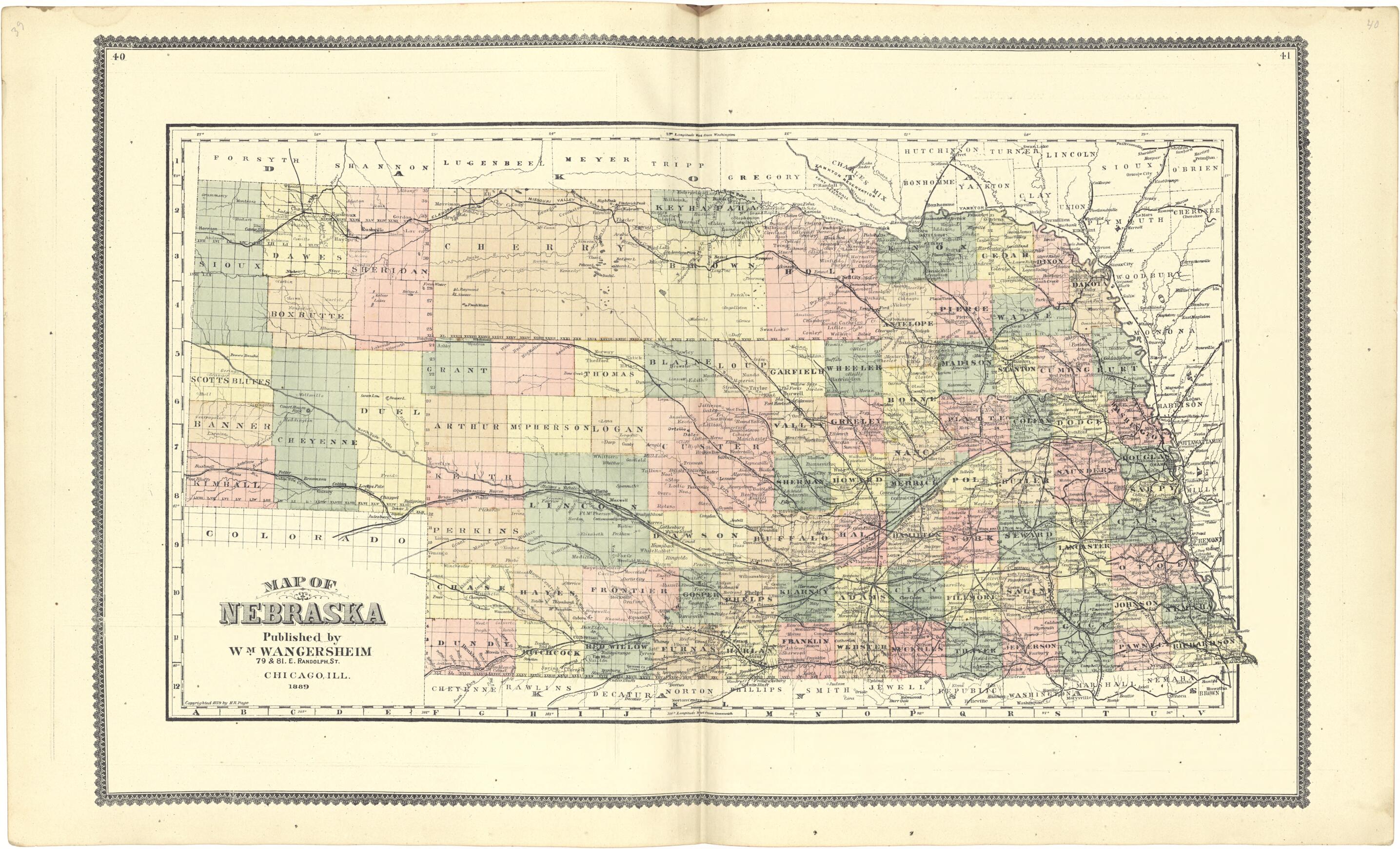 This old map of Map of Nebraska from Atlas of Genesee County, Michigan from 1889 was created by W. (William) Wangersheim in 1889