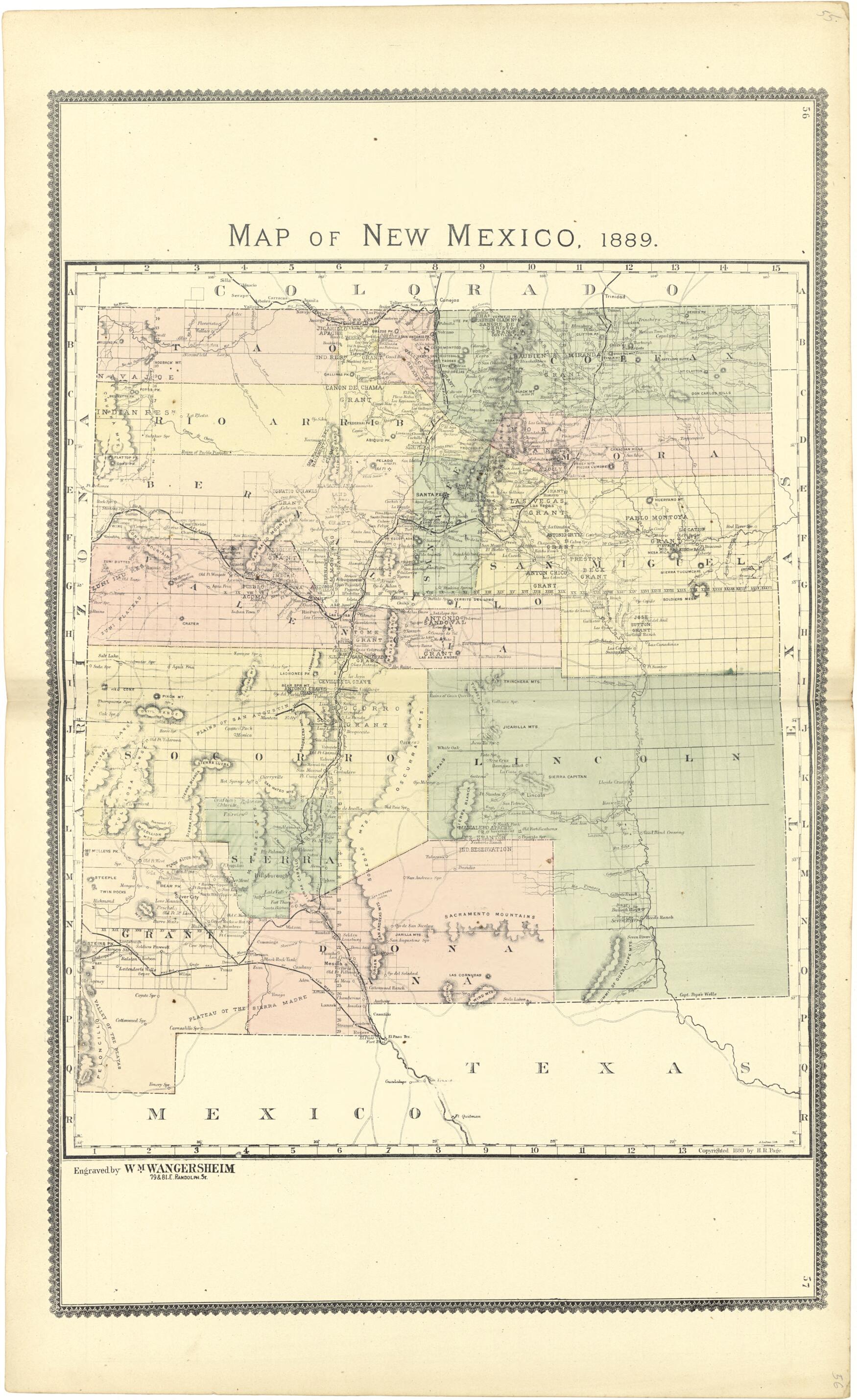 This old map of Map of New Mexico from 1889 from Atlas of Genesee County, Michigan from 1889 was created by W. (William) Wangersheim in 1889