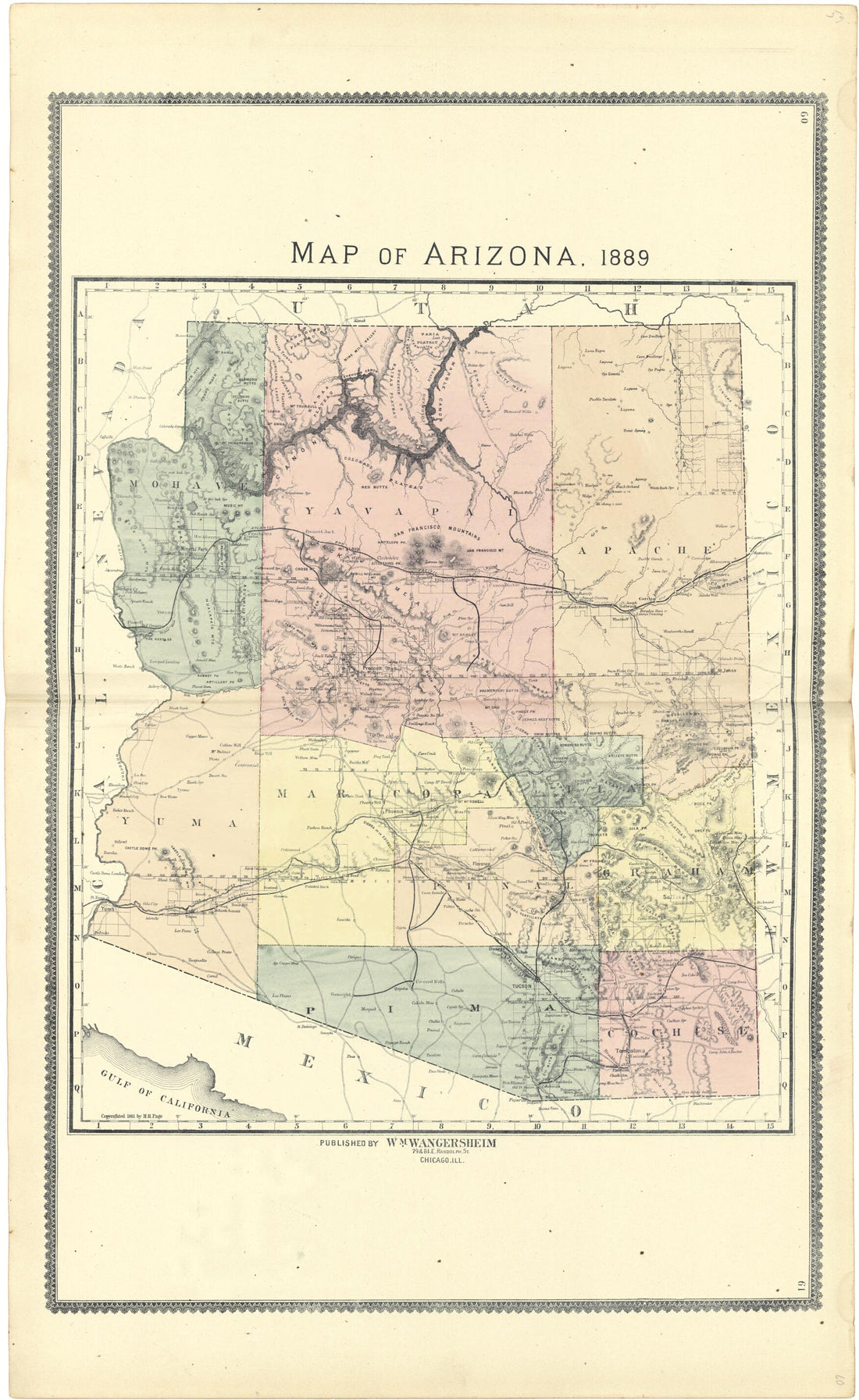 This old map of Map of Arizona from 1889 from Atlas of Genesee County, Michigan from 1889 was created by W. (William) Wangersheim in 1889