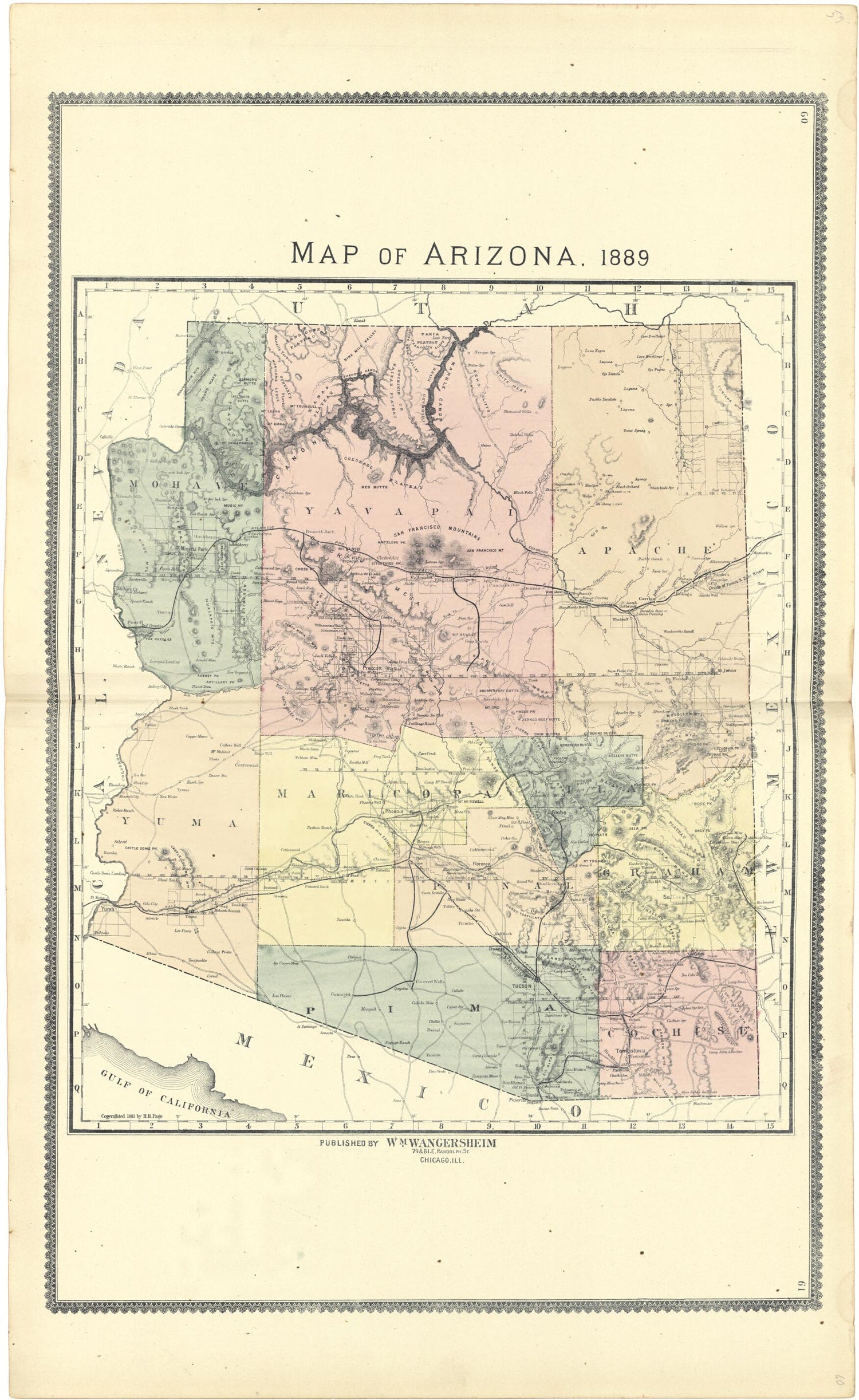 This old map of Map of Arizona from 1889 from Atlas of Genesee County, Michigan from 1889 was created by W. (William) Wangersheim in 1889