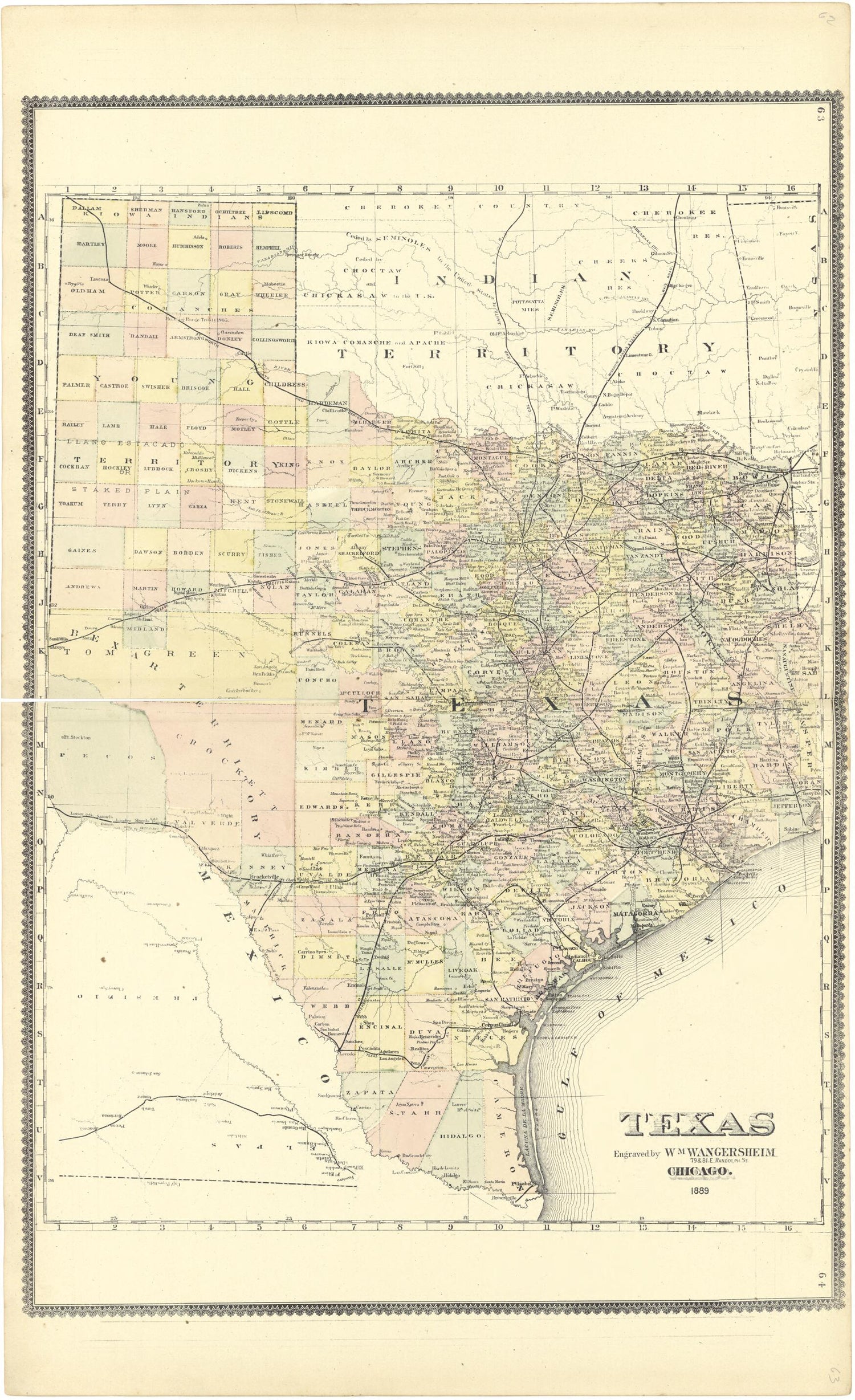 This old map of Texas from Atlas of Genesee County, Michigan from 1889 was created by W. (William) Wangersheim in 1889