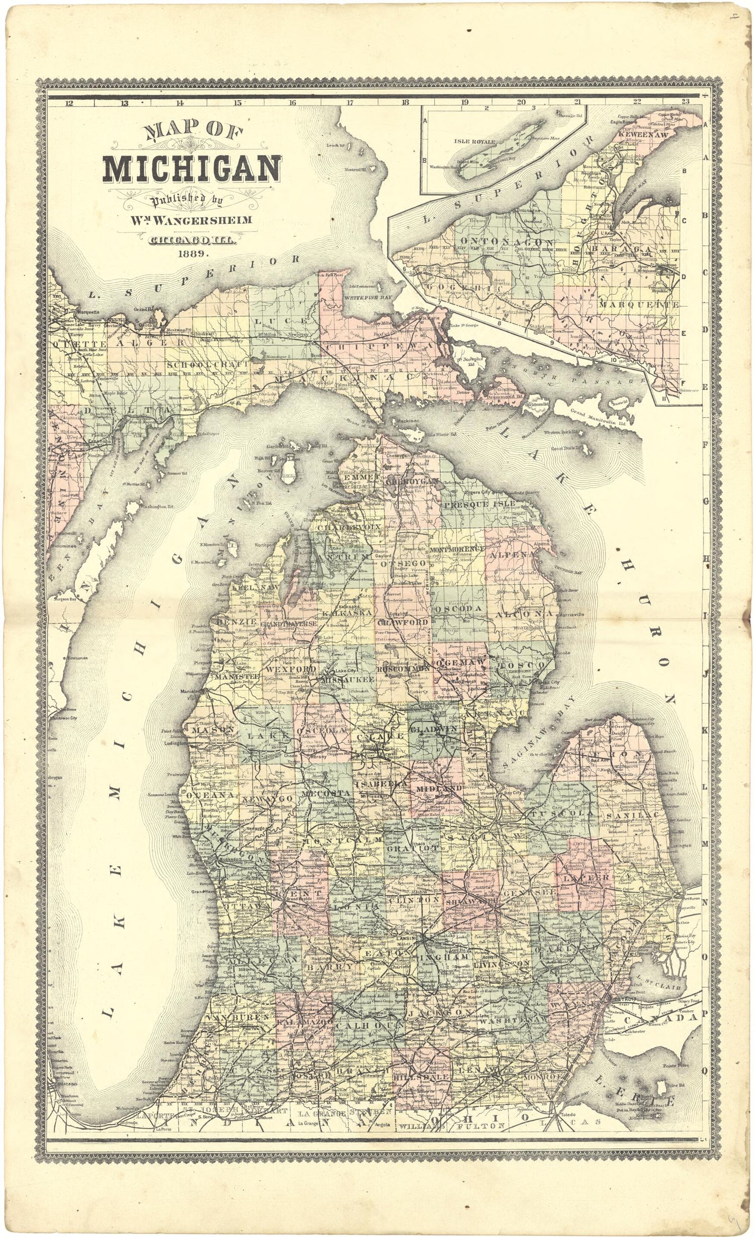 This old map of Map of Michigan from Atlas of Genesee County, Michigan from 1889 was created by W. (William) Wangersheim in 1889