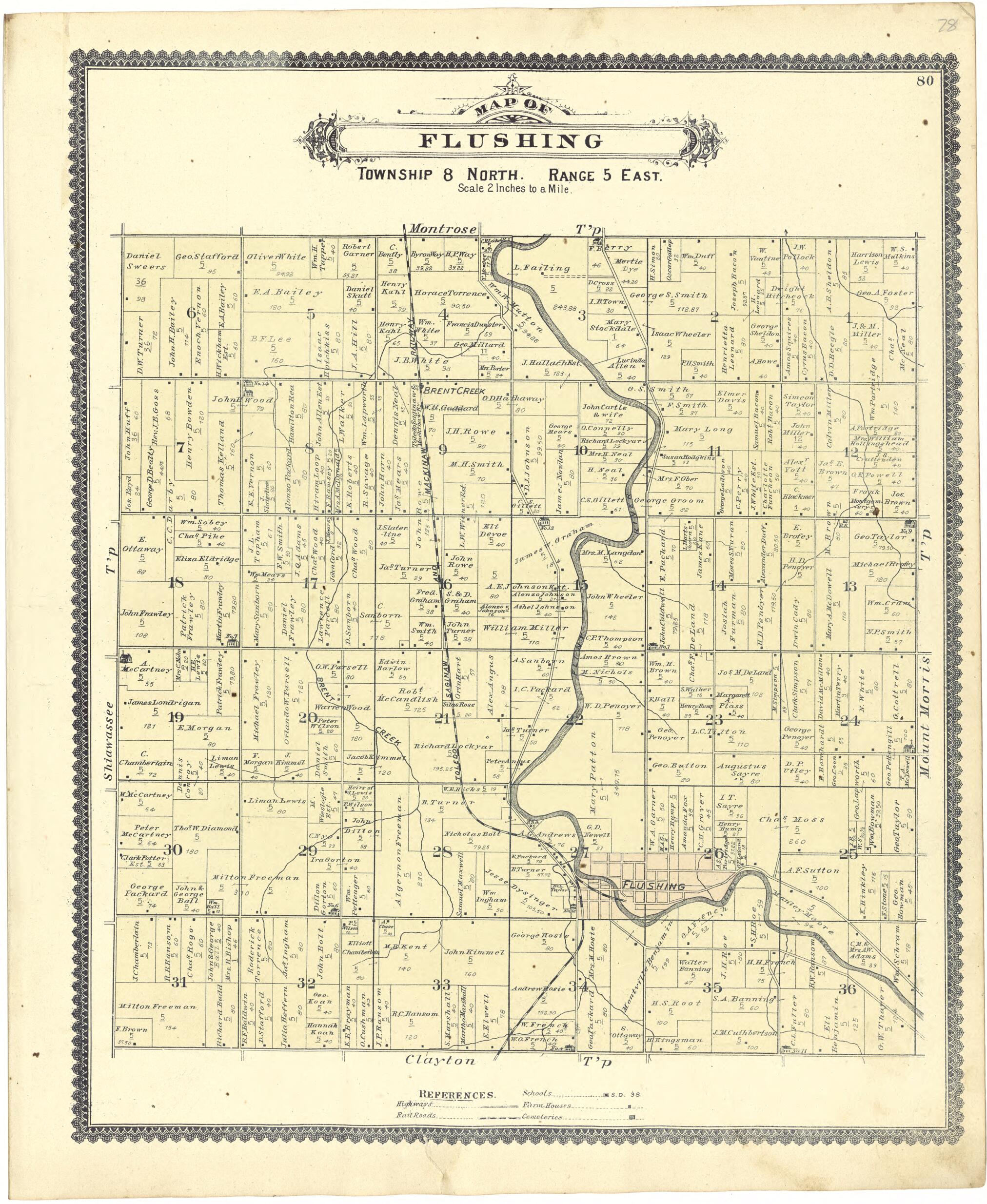 This old map of Map of Flushing from Atlas of Genesee County, Michigan from 1889 was created by W. (William) Wangersheim in 1889