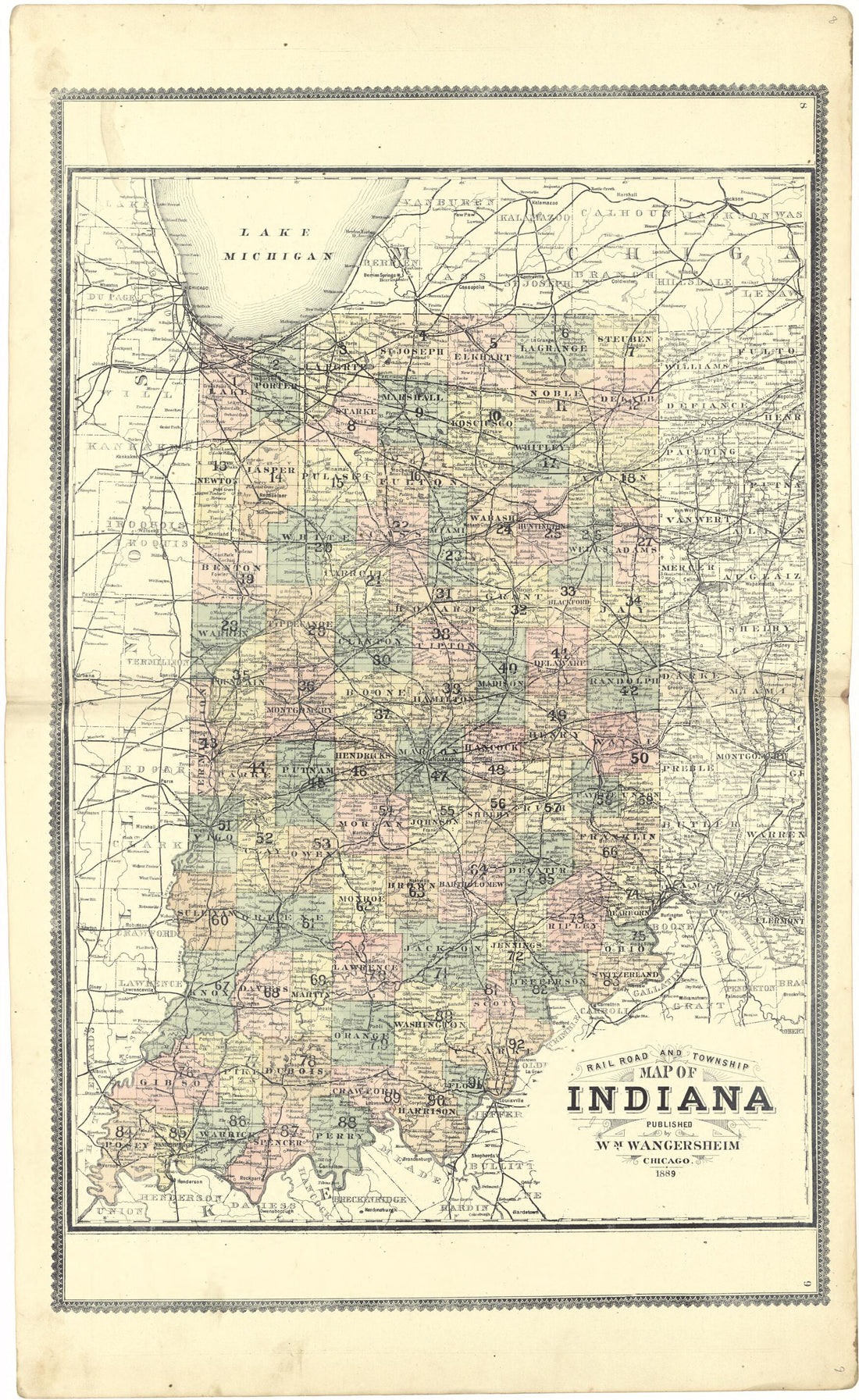 This old map of Railroad and Township Map of Indiana from Atlas of Genesee County, Michigan from 1889 was created by W. (William) Wangersheim in 1889