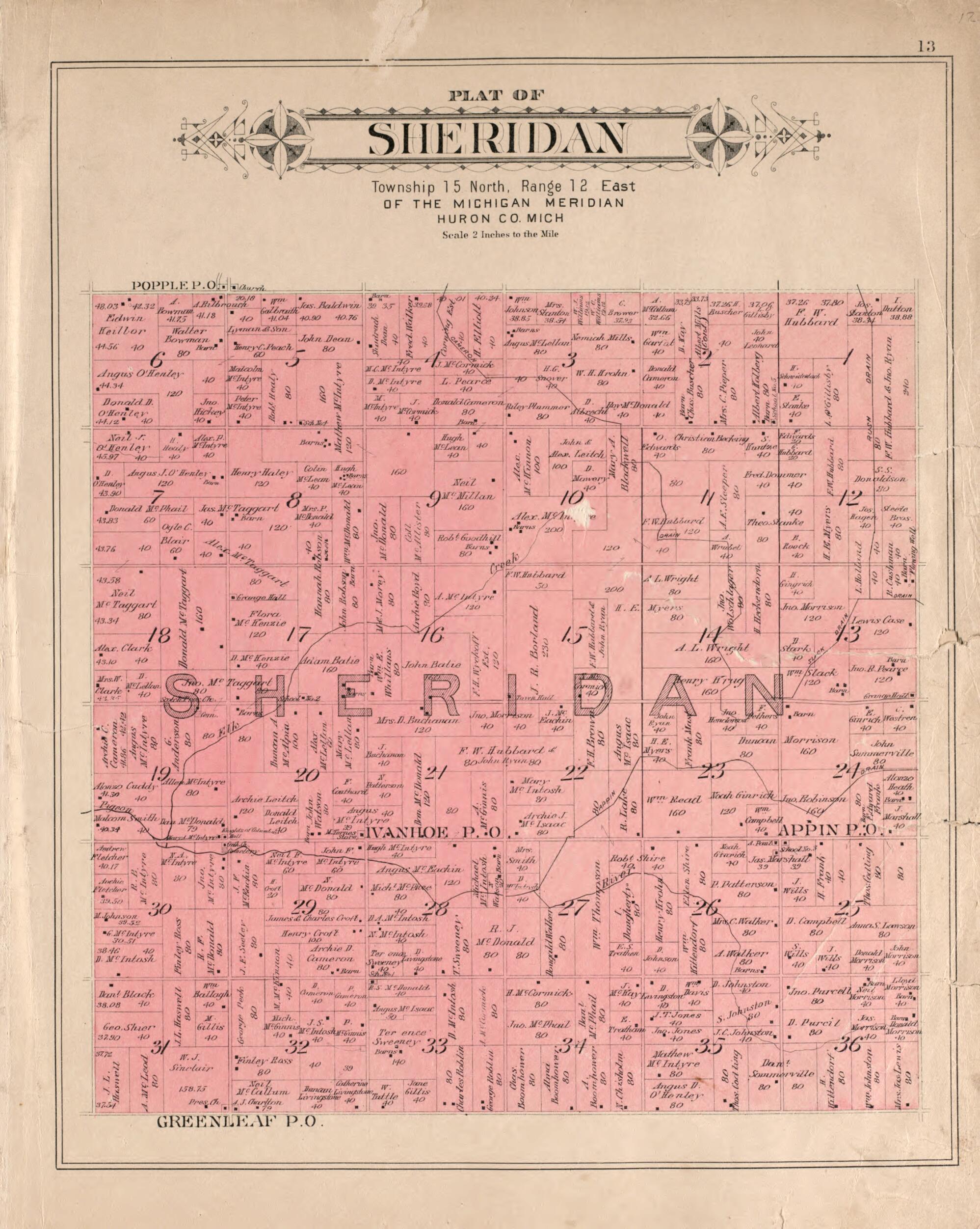 This old map of Sheridan from Plat Book of Huron County, Michigan from 1904 was created by E. B. (Ernest B.) Foote in 1904