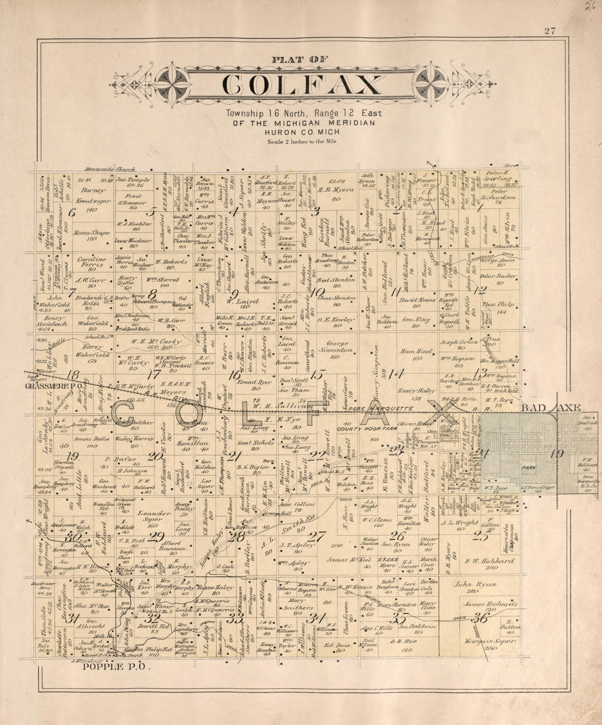 This old map of Colfax from Plat Book of Huron County, Michigan from 1904 was created by E. B. (Ernest B.) Foote in 1904