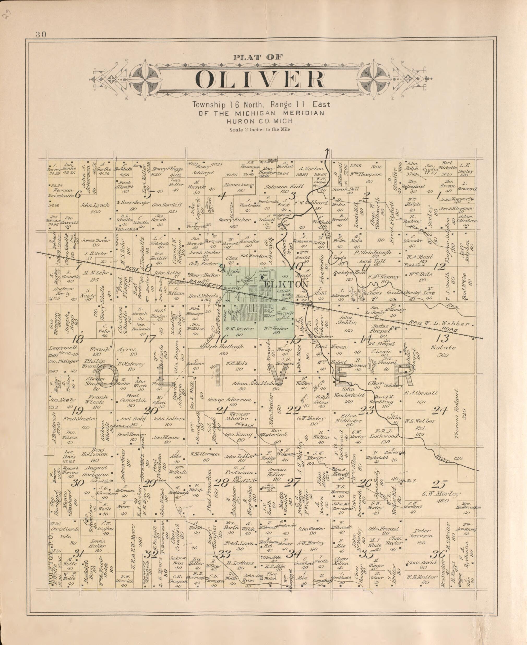 This old map of Oliver from Plat Book of Huron County, Michigan from 1904 was created by E. B. (Ernest B.) Foote in 1904