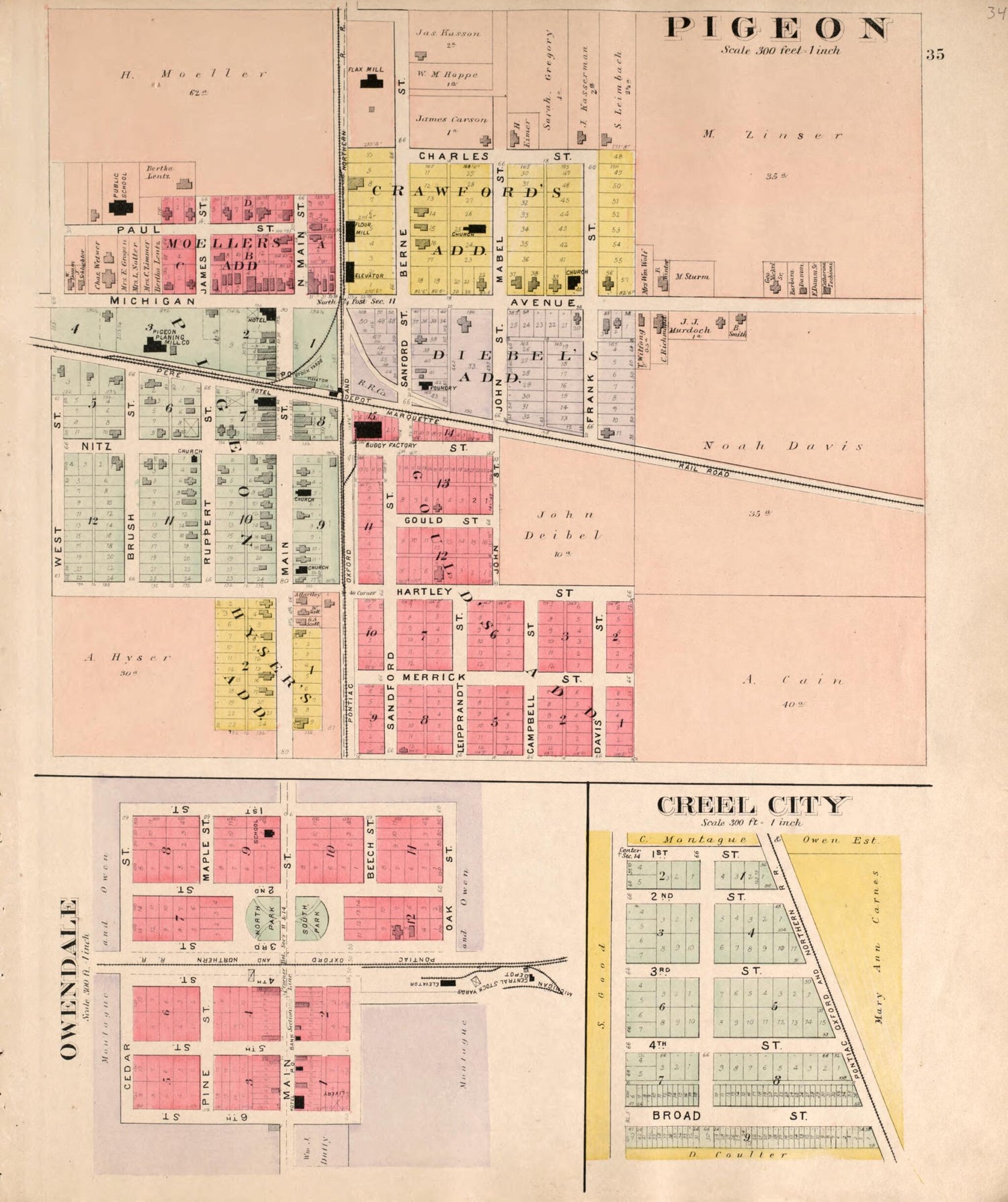 This old map of Owendale, Pigeon, Creel City from Plat Book of Huron County, Michigan from 1904 was created by E. B. (Ernest B.) Foote in 1904