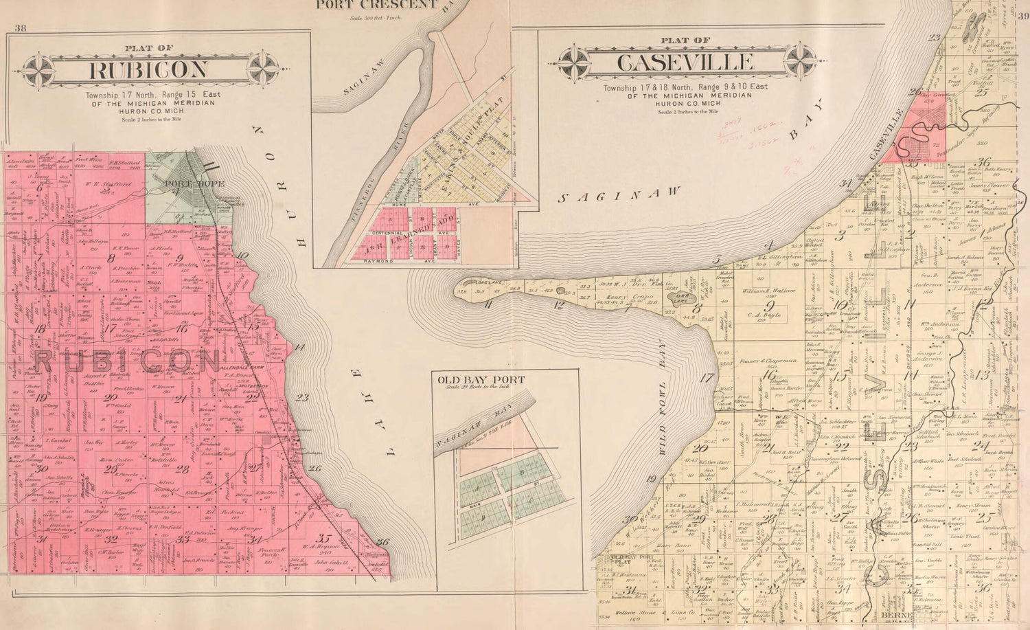 This old map of Caseville, Rubicon, Old Bay Port, Port Crescent from Plat Book of Huron County, Michigan from 1904 was created by E. B. (Ernest B.) Foote in 1904