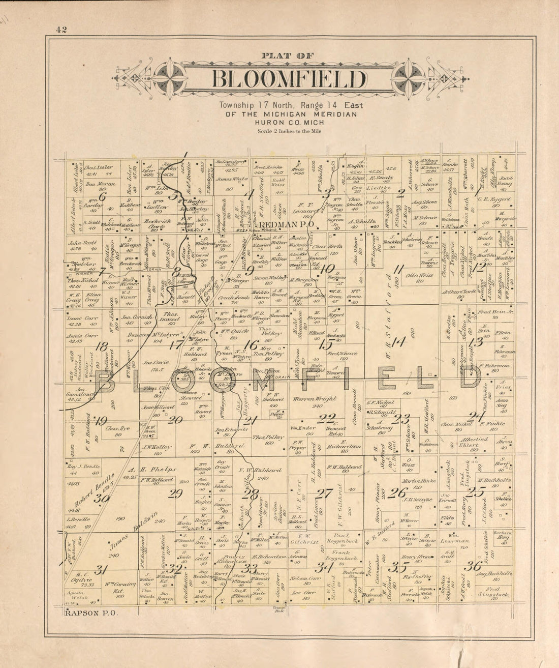 This old map of Bloomfield from Plat Book of Huron County, Michigan from 1904 was created by E. B. (Ernest B.) Foote in 1904