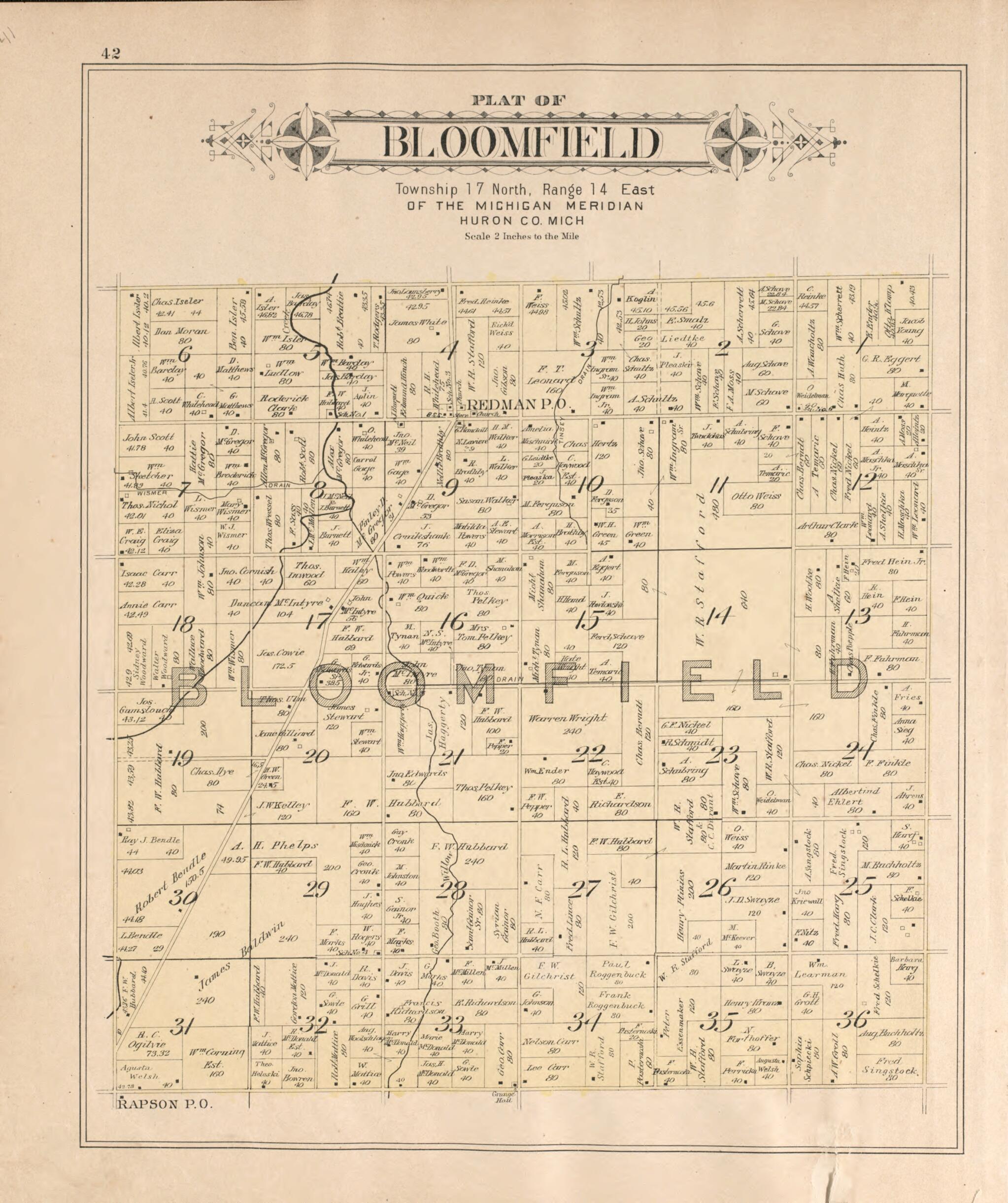 This old map of Bloomfield from Plat Book of Huron County, Michigan from 1904 was created by E. B. (Ernest B.) Foote in 1904