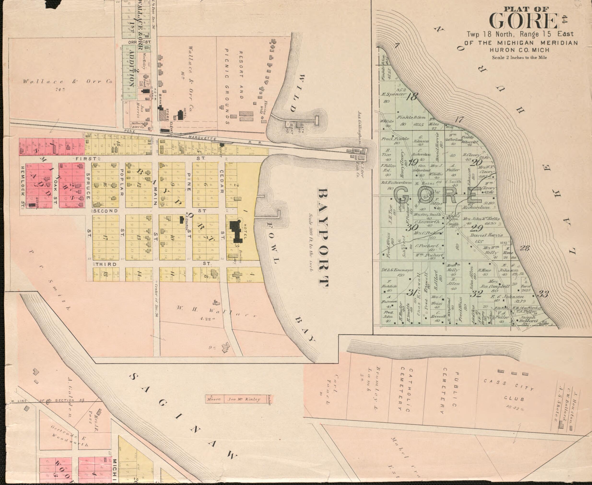 This old map of Gore, Bayport from Plat Book of Huron County, Michigan from 1904 was created by E. B. (Ernest B.) Foote in 1904