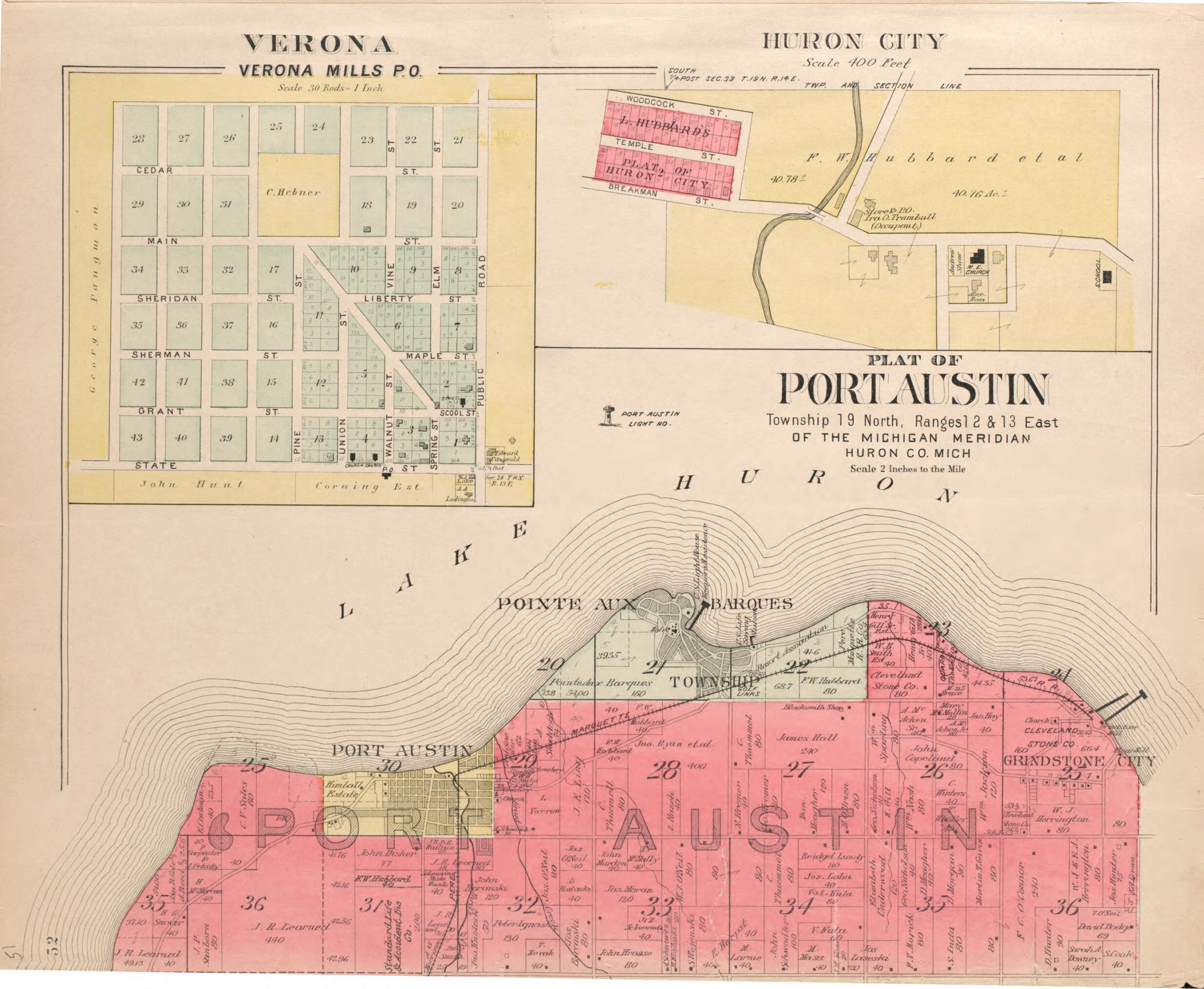 This old map of Verona, Huron, Port Austin from Plat Book of Huron County, Michigan from 1904 was created by E. B. (Ernest B.) Foote in 1904