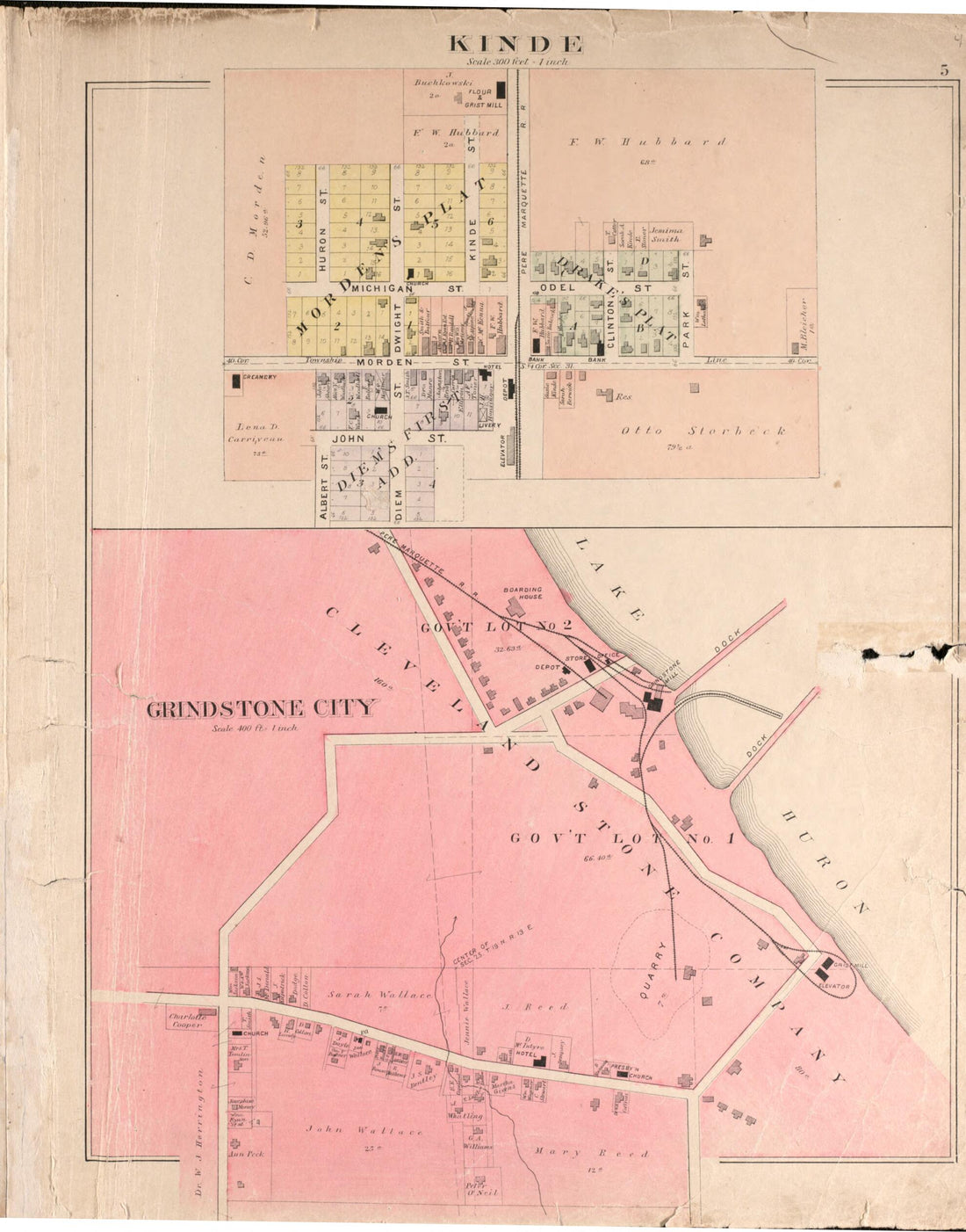 This old map of Kinde and Grindstone City from Plat Book of Huron County, Michigan from 1904 was created by E. B. (Ernest B.) Foote in 1904