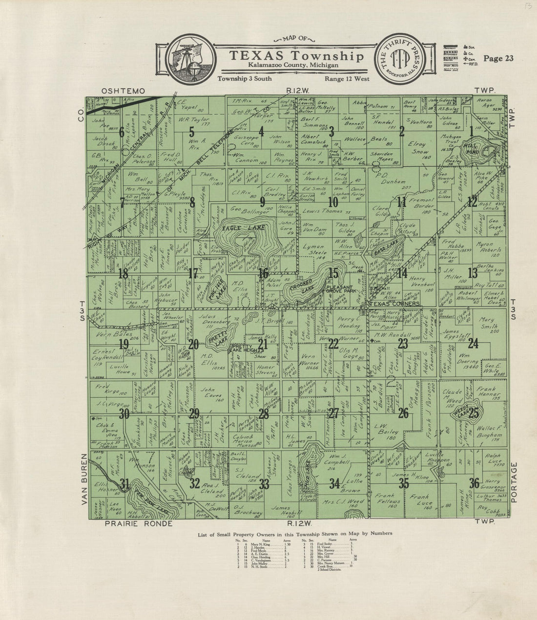 This old map of Map of Texas Township from Atlas and Plat Book, Kalamazoo County, Michigan from 1928 was created by Ill.) Thrift Press (Rockford in 1928