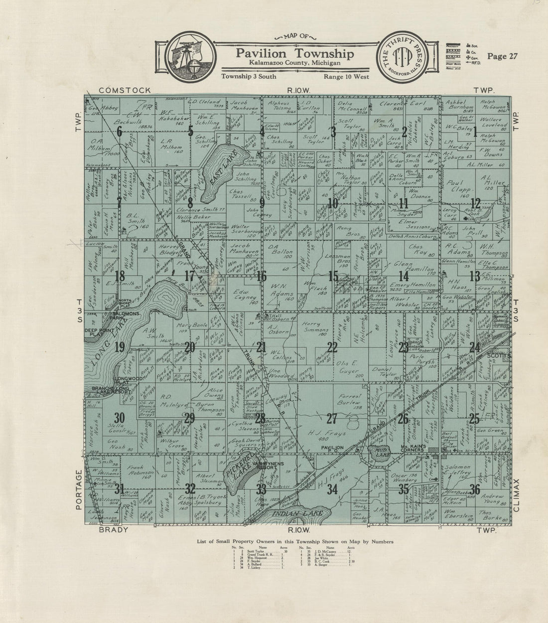 This old map of Map of Pavilion Township from Atlas and Plat Book, Kalamazoo County, Michigan from 1928 was created by Ill.) Thrift Press (Rockford in 1928