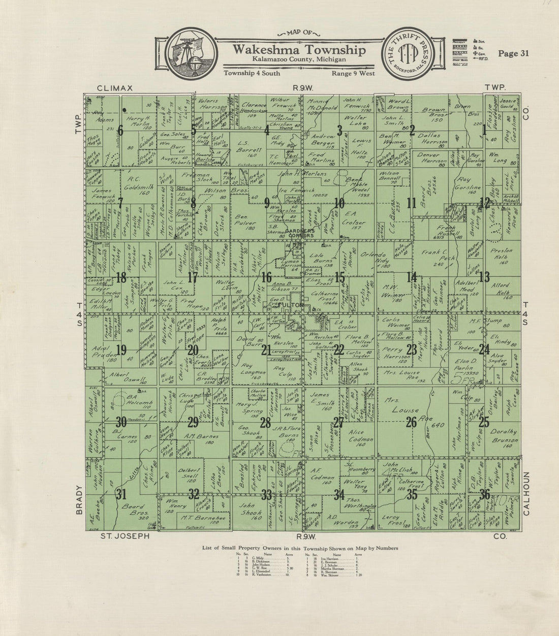 This old map of Map of Wakeshma Township from Atlas and Plat Book, Kalamazoo County, Michigan from 1928 was created by Ill.) Thrift Press (Rockford in 1928