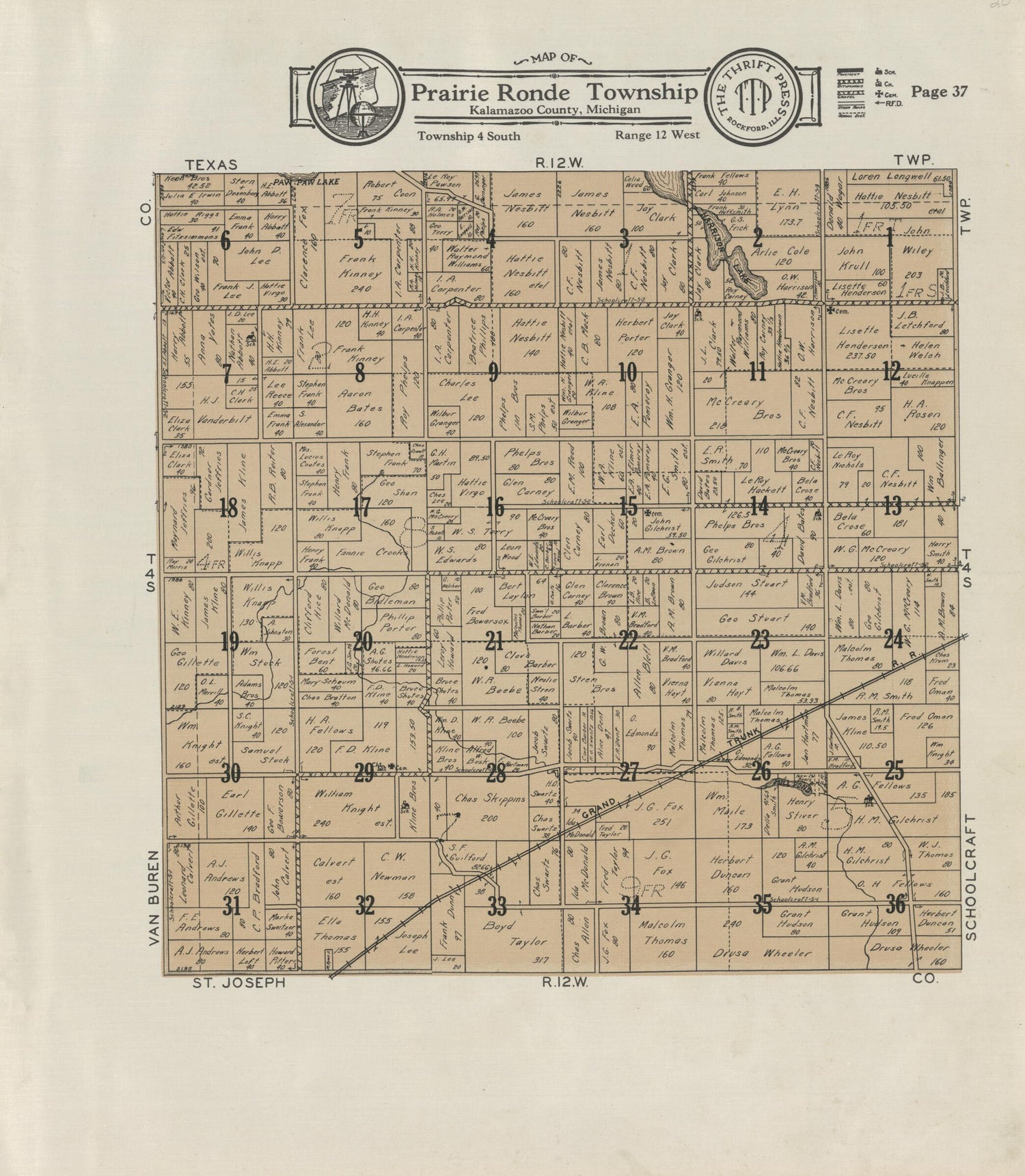 This old map of Map of Prairie Ronde Township from Atlas and Plat Book, Kalamazoo County, Michigan from 1928 was created by Ill.) Thrift Press (Rockford in 1928