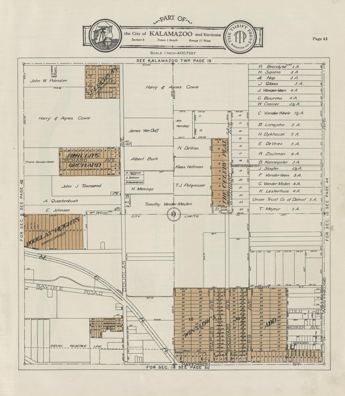 This old map of Part of the City of Kalamazoo from Atlas and Plat Book, Kalamazoo County, Michigan from 1928 was created by Ill.) Thrift Press (Rockford in 1928