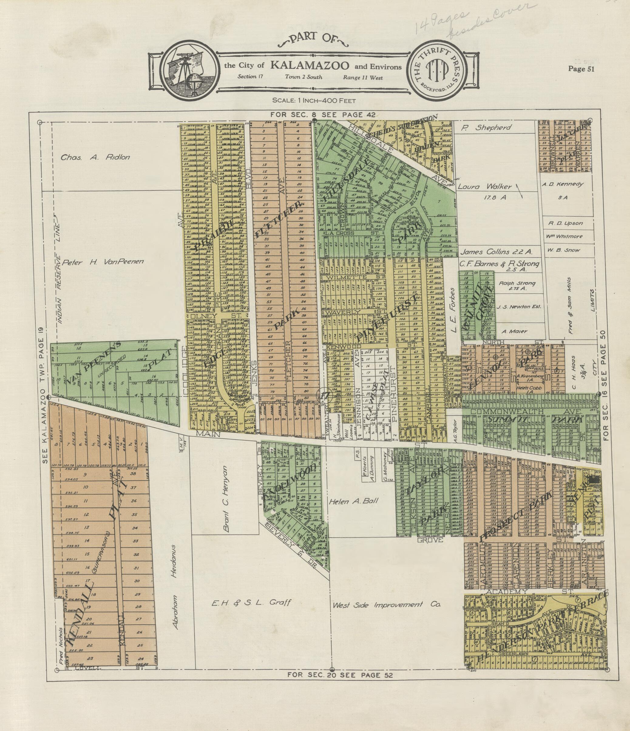 This old map of Part of the City of Kalamazoo from Atlas and Plat Book, Kalamazoo County, Michigan from 1928 was created by Ill.) Thrift Press (Rockford in 1928