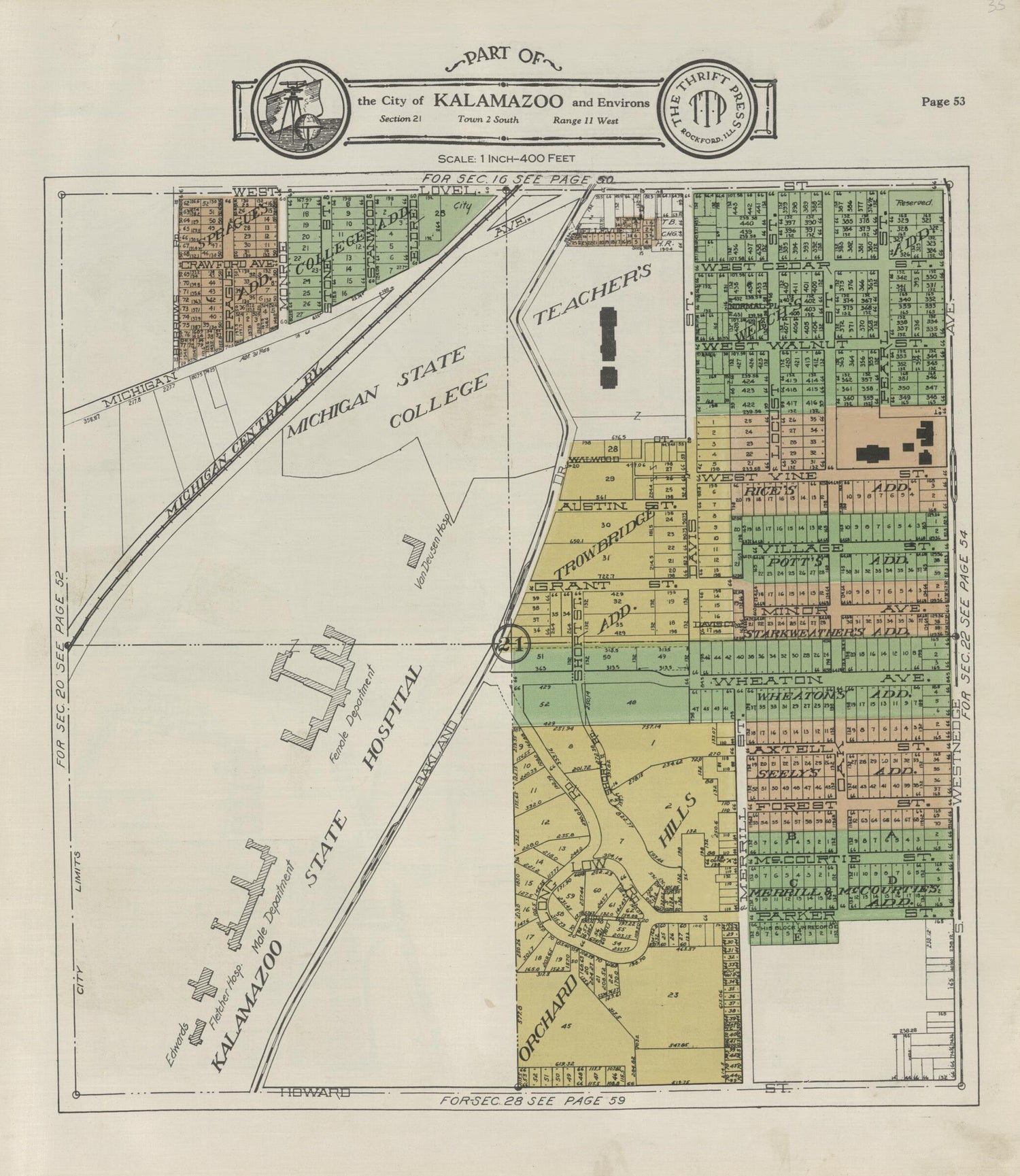 This old map of Part of the City of Kalamazoo from Atlas and Plat Book, Kalamazoo County, Michigan from 1928 was created by Ill.) Thrift Press (Rockford in 1928