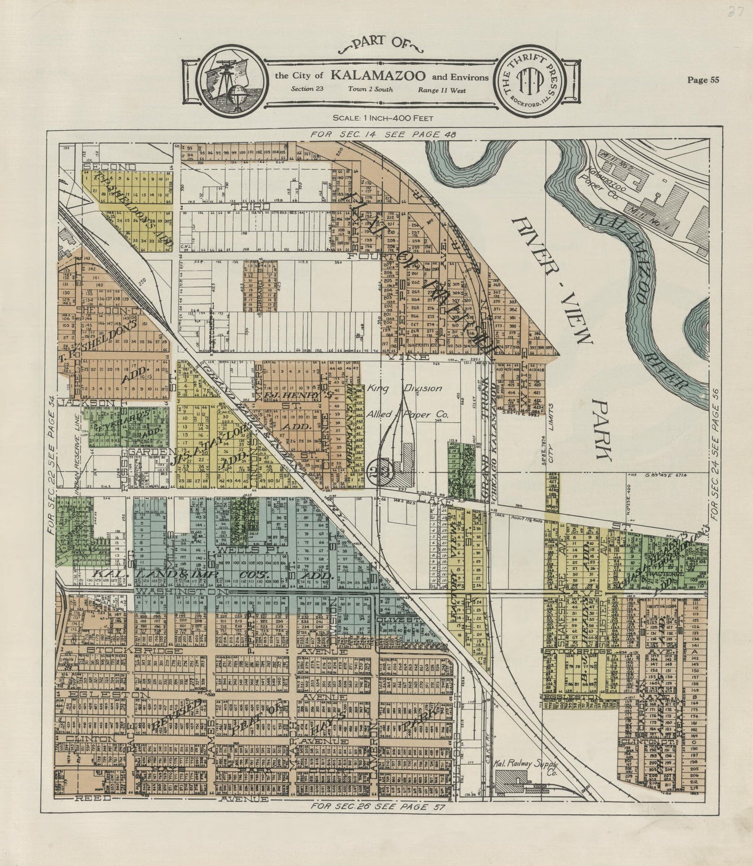 This old map of Part of the City of Kalamazoo from Atlas and Plat Book, Kalamazoo County, Michigan from 1928 was created by Ill.) Thrift Press (Rockford in 1928