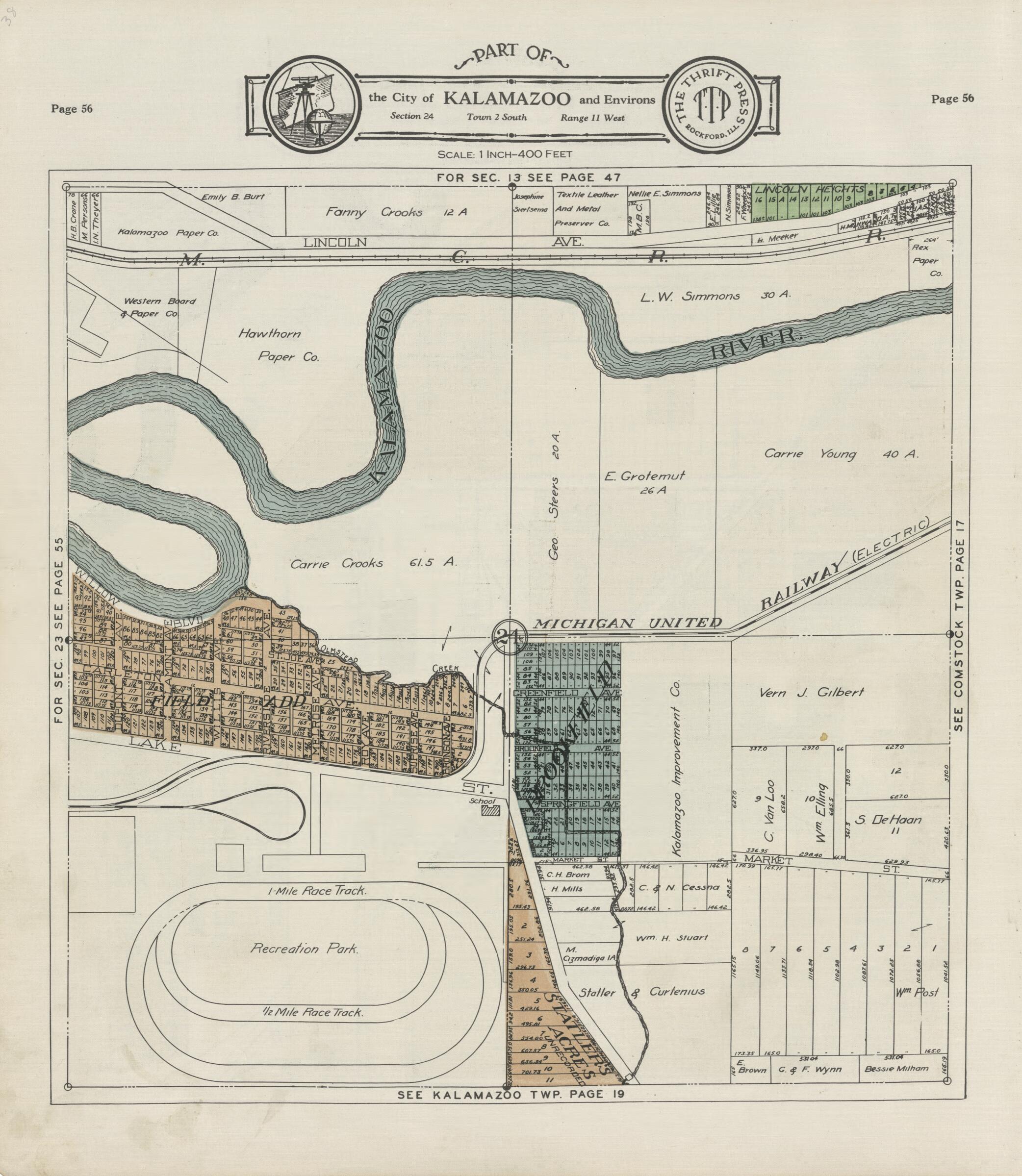 This old map of Part of the City of Kalamazoo from Atlas and Plat Book, Kalamazoo County, Michigan from 1928 was created by Ill.) Thrift Press (Rockford in 1928