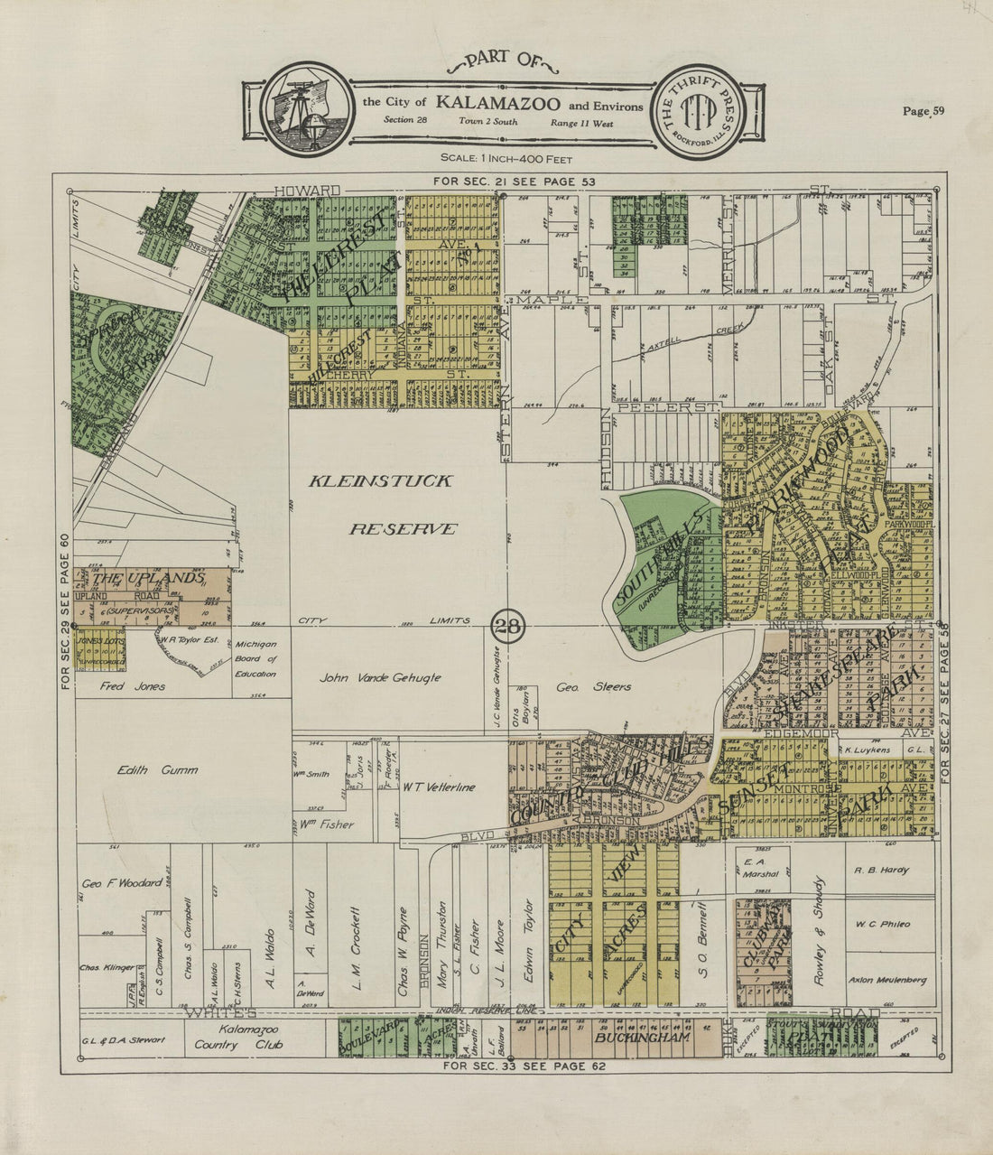 This old map of Part of the City of Kalamazoo from Atlas and Plat Book, Kalamazoo County, Michigan from 1928 was created by Ill.) Thrift Press (Rockford in 1928