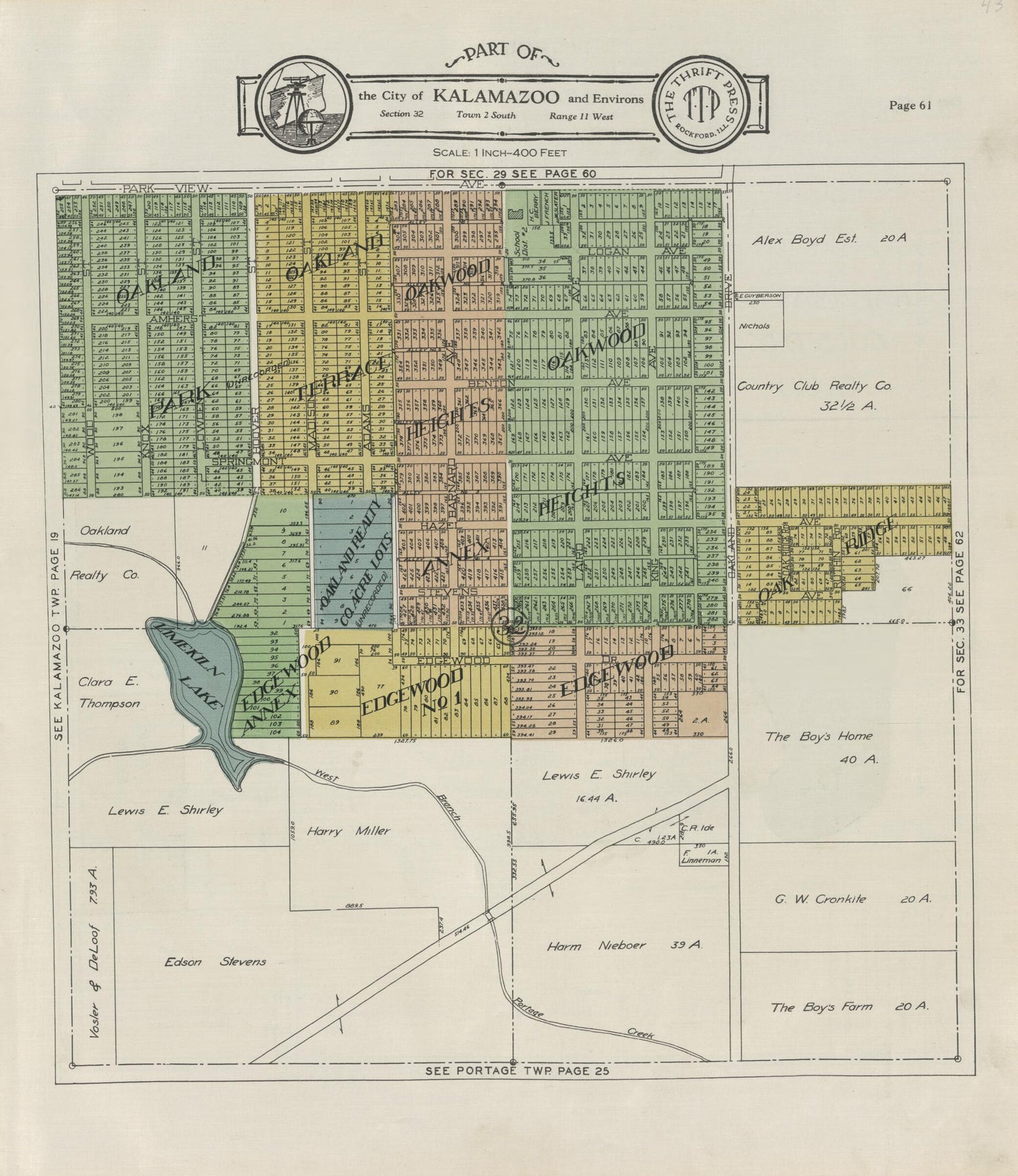 This old map of Part of the City of Kalamazoo from Atlas and Plat Book, Kalamazoo County, Michigan from 1928 was created by Ill.) Thrift Press (Rockford in 1928