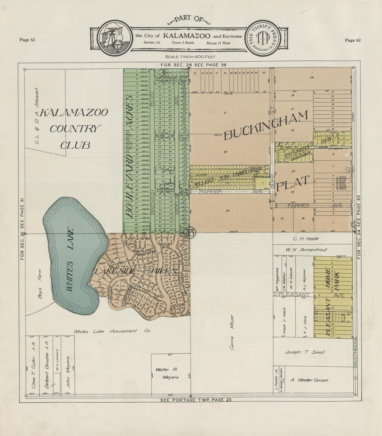 This old map of Part of the City of Kalamazoo from Atlas and Plat Book, Kalamazoo County, Michigan from 1928 was created by Ill.) Thrift Press (Rockford in 1928