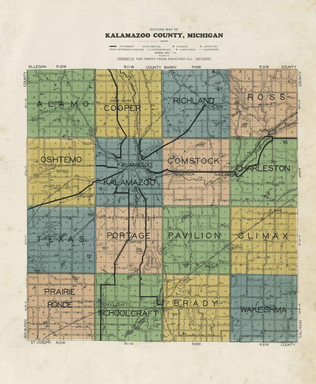 This old map of Outline Map of Kalamazoo County, Michigan from Atlas and Plat Book, Kalamazoo County, Michigan from 1928 was created by Ill.) Thrift Press (Rockford in 1928