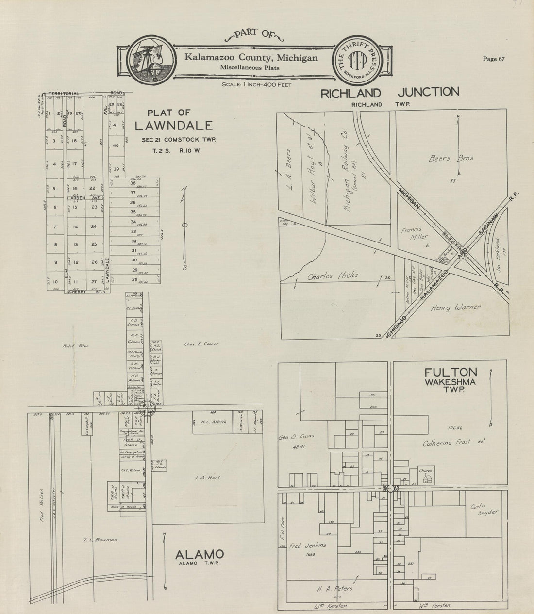 This old map of Part of Kalamazoo County; Lawndale, Richland Junction, Fulton, and Alamo from Atlas and Plat Book, Kalamazoo County, Michigan from 1928 was created by Ill.) Thrift Press (Rockford in 1928